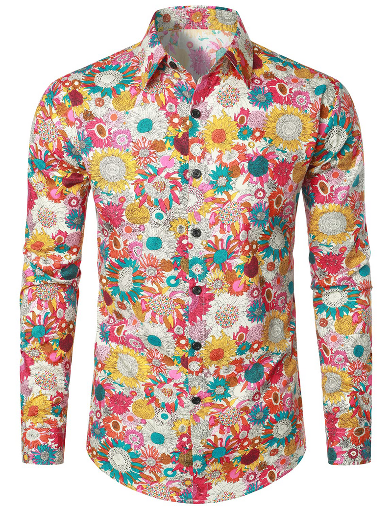 Chemise habillée vintage à manches longues en coton floral boutonné des années 70 pour hommes