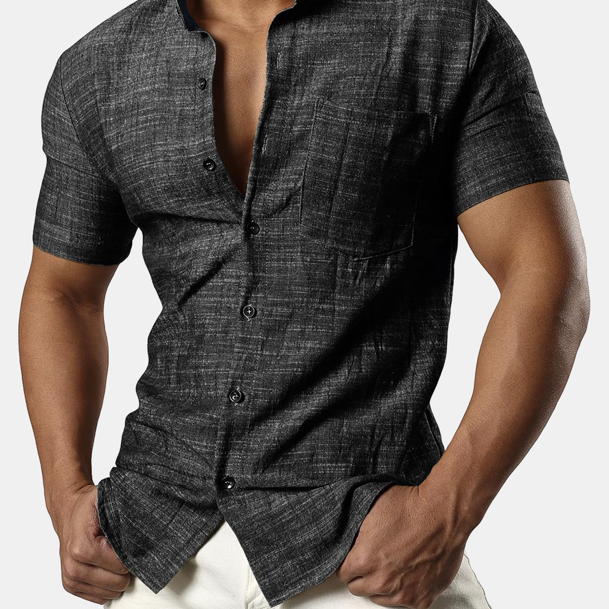 Chemise de plage hawaïenne décontractée en coton et lin avec poche Henley à manches courtes pour homme