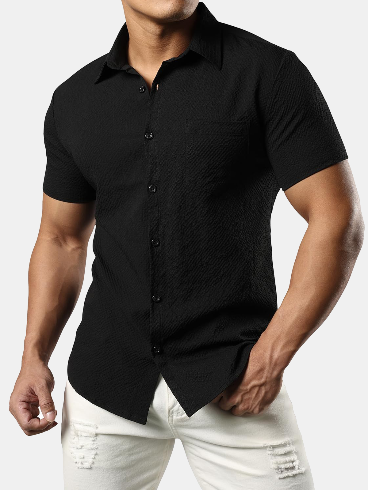 Chemise boutonnée décontractée à manches courtes d'été avec poche de plage pour hommes