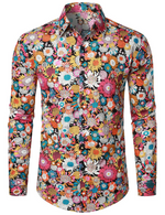 Chemise habillée à manches longues en coton fleuri pour hommes boutonnée des années 70