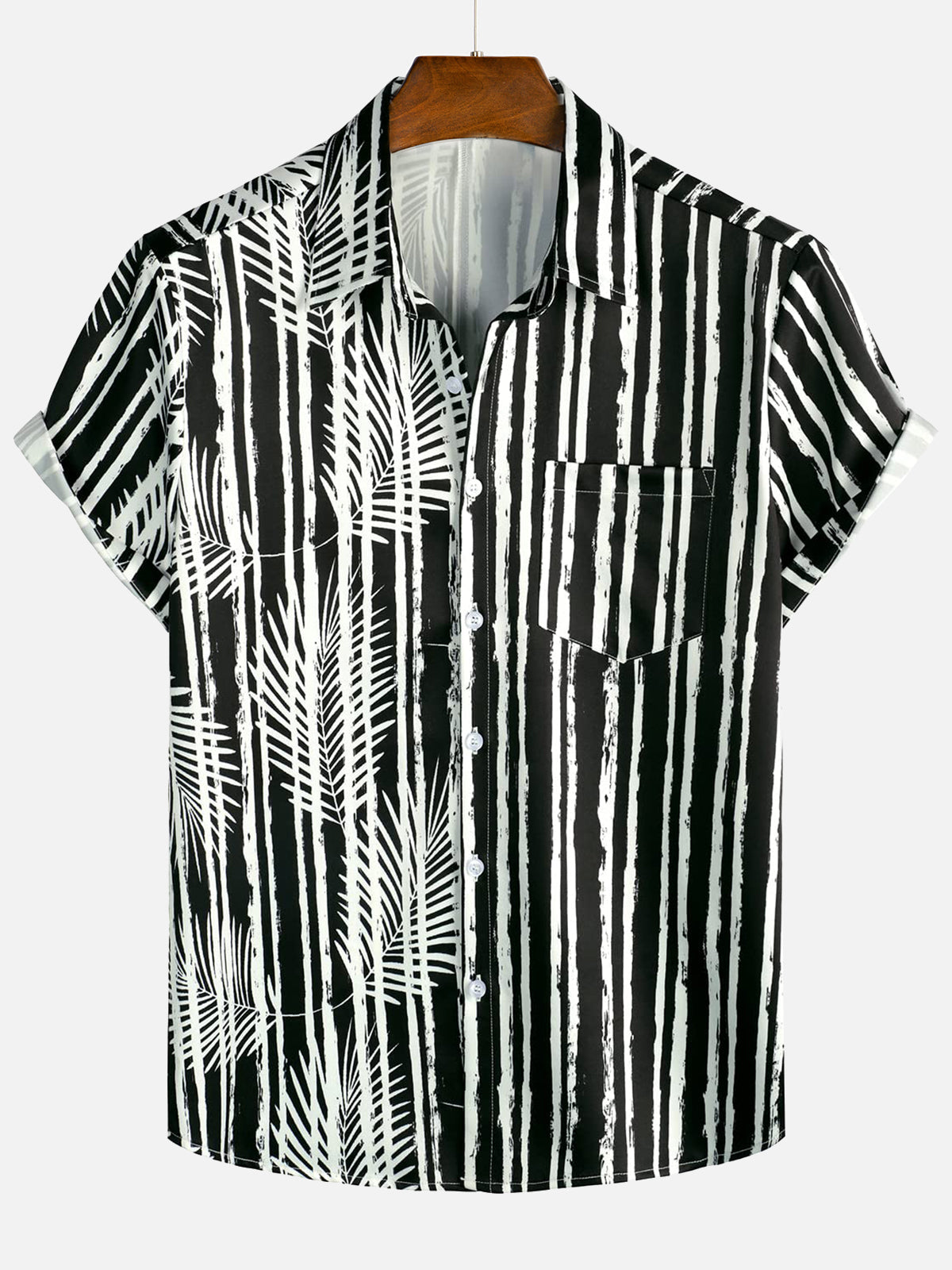 Chemise hawaïenne noire à manches courtes avec poche imprimée de plantes tropicales pour hommes