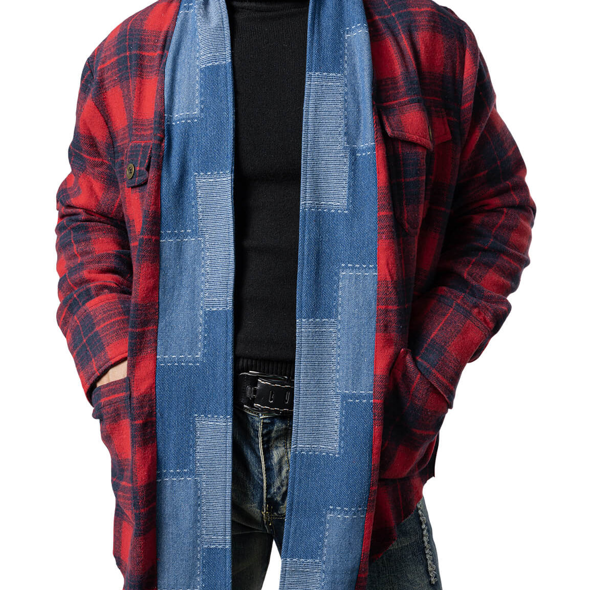 Chemise décontractée à manches longues en denim à carreaux avec poche en patchwork pour hommes