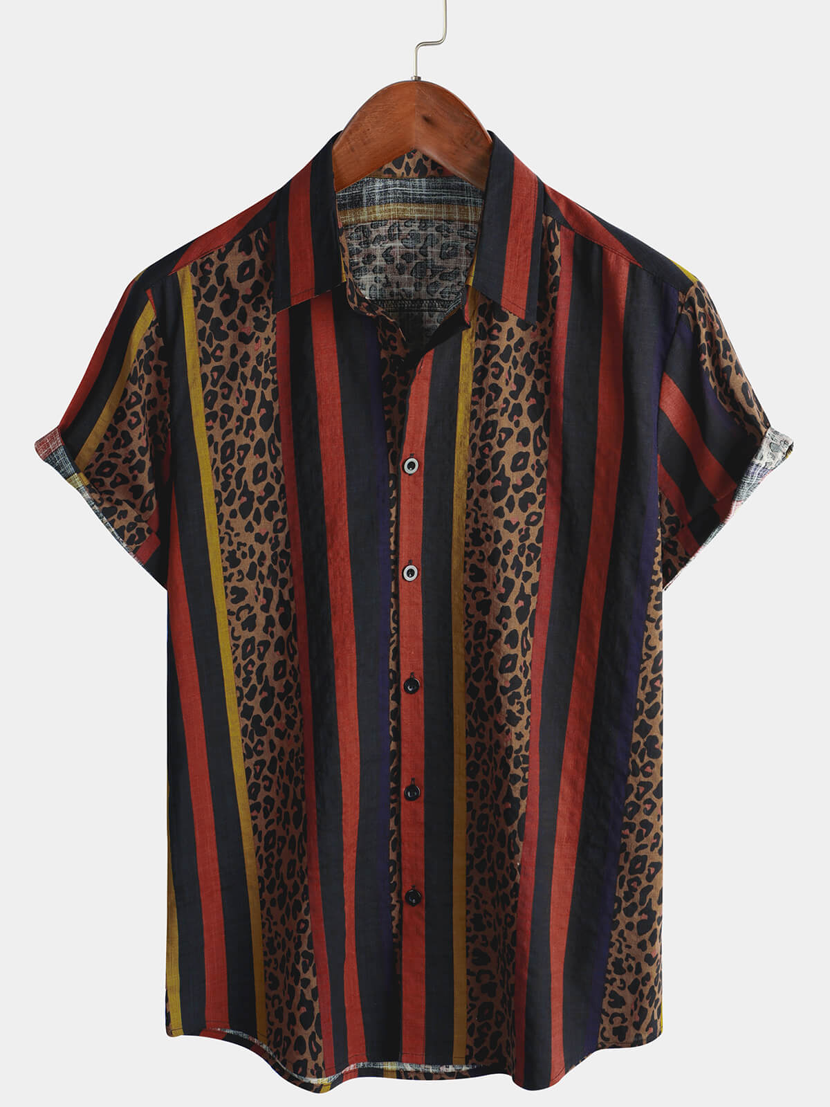 Chemise boutonnée à manches courtes pour hommes à rayures verticales vintage léopard