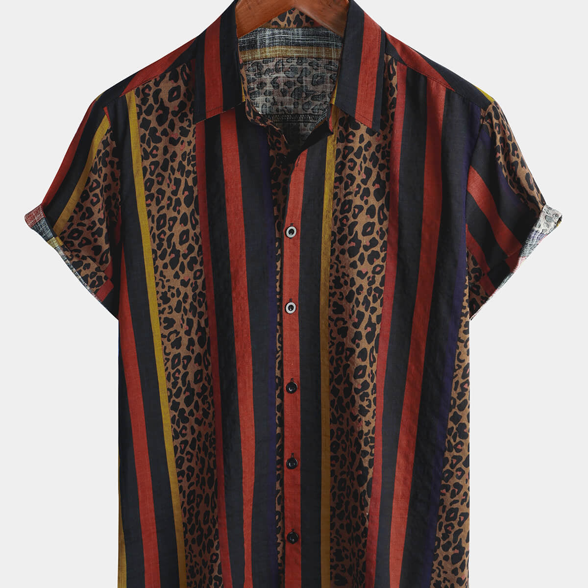 Chemise boutonnée à manches courtes pour hommes à rayures verticales vintage léopard