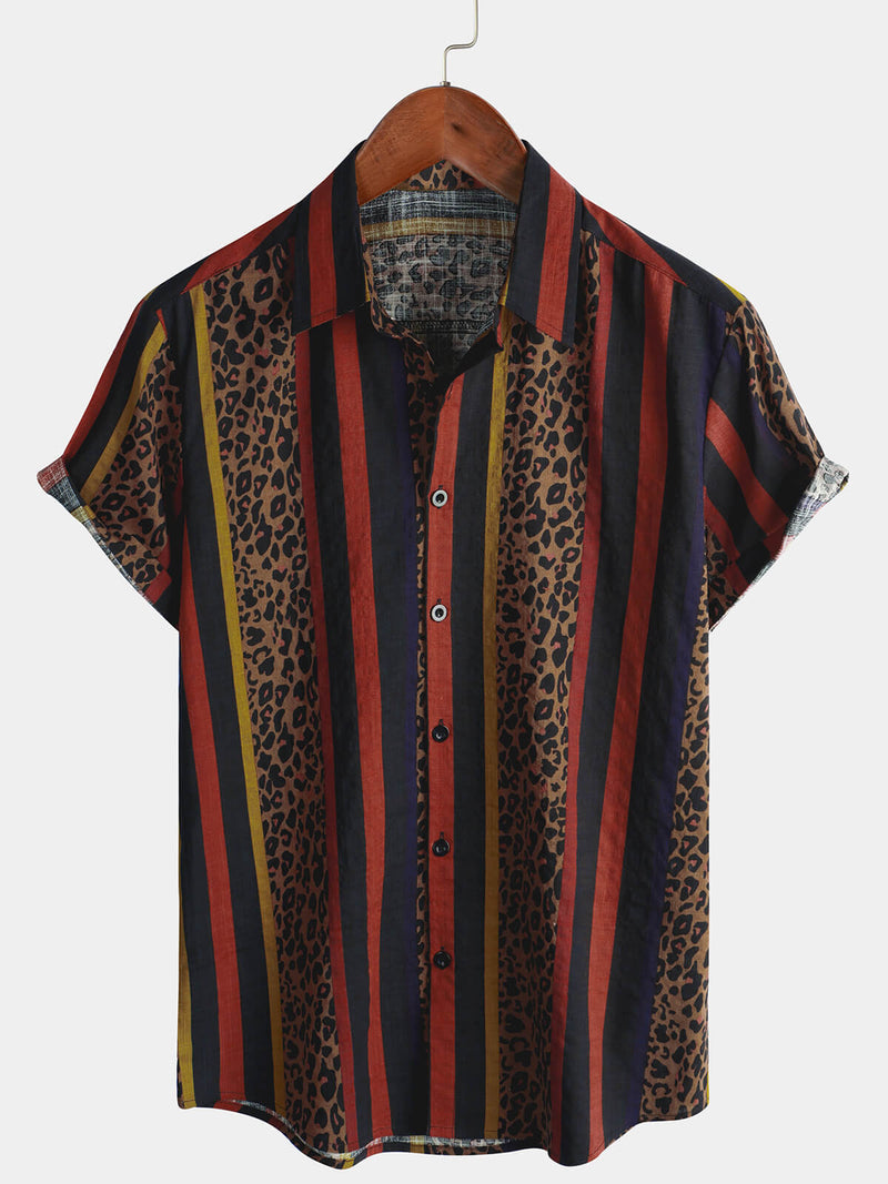 Chemise boutonnée à manches courtes pour hommes à rayures verticales vintage léopard