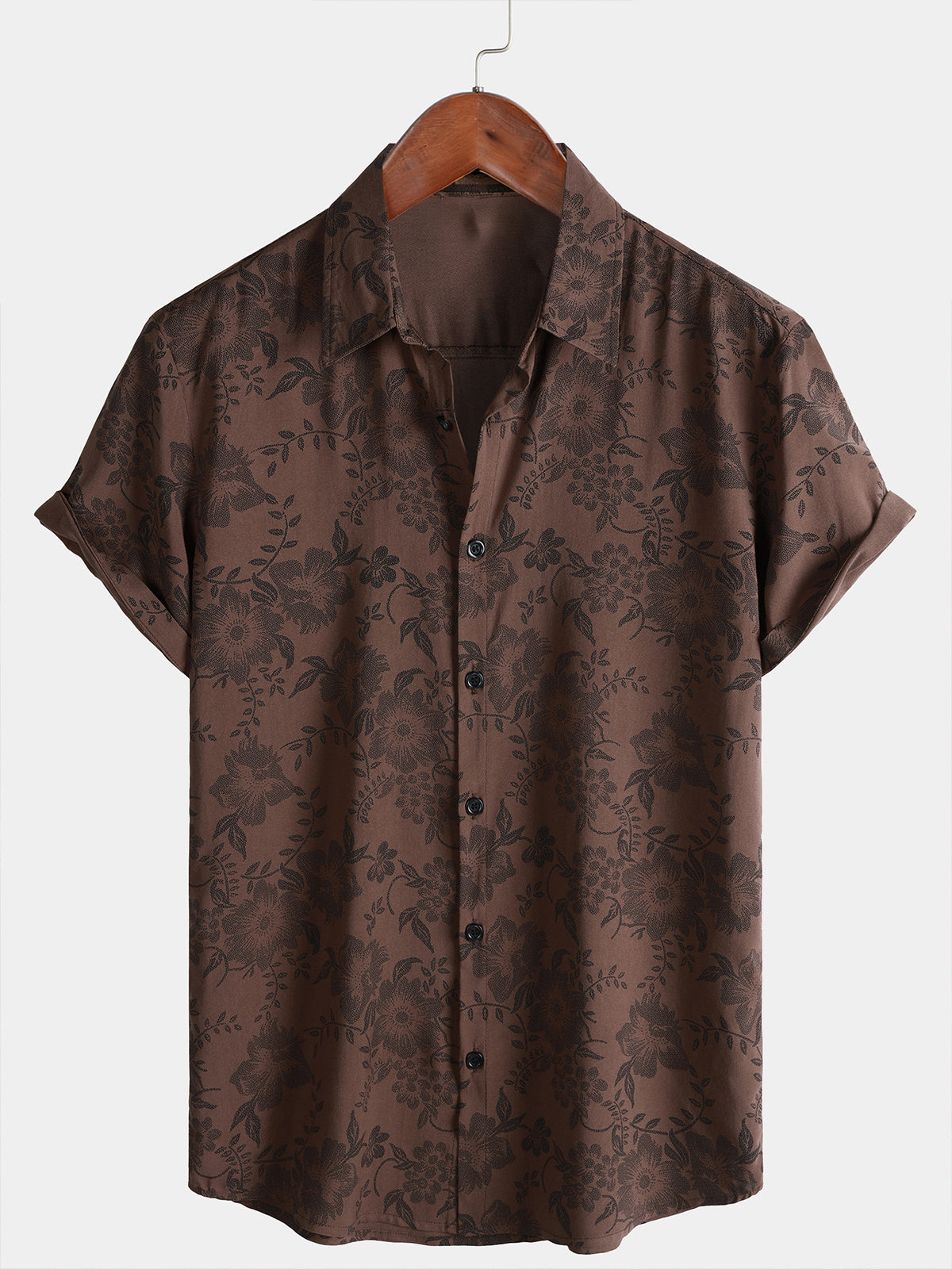 Chemise Homme Fleurie Marron Rétro Vacances Manches Courtes