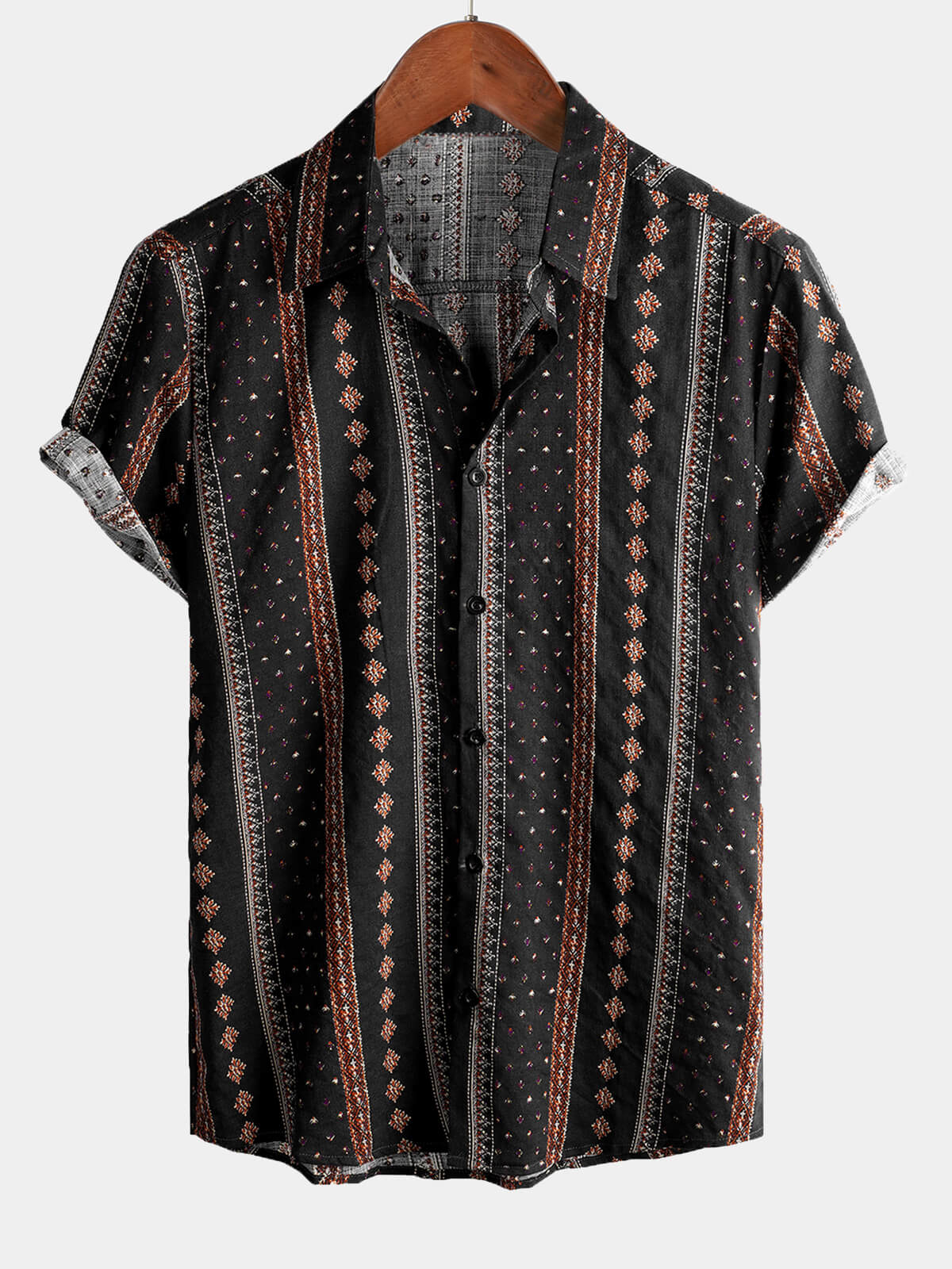 Chemise western à manches courtes vintage des années 70 à imprimé rayé noir rétro pour homme