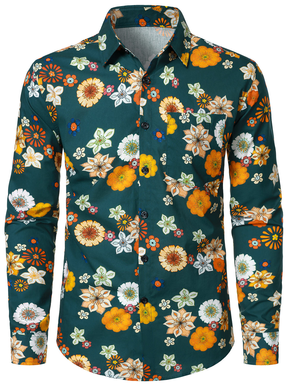 Chemise décontractée à manches longues pour homme, verte, à imprimé floral