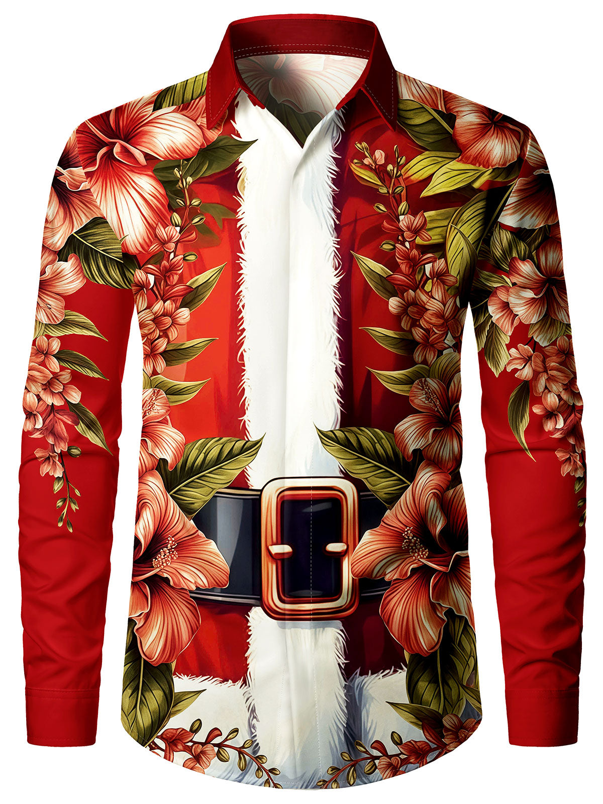 Chemise à manches longues rouge à fleurs pour homme, idéale pour les fêtes de Noël