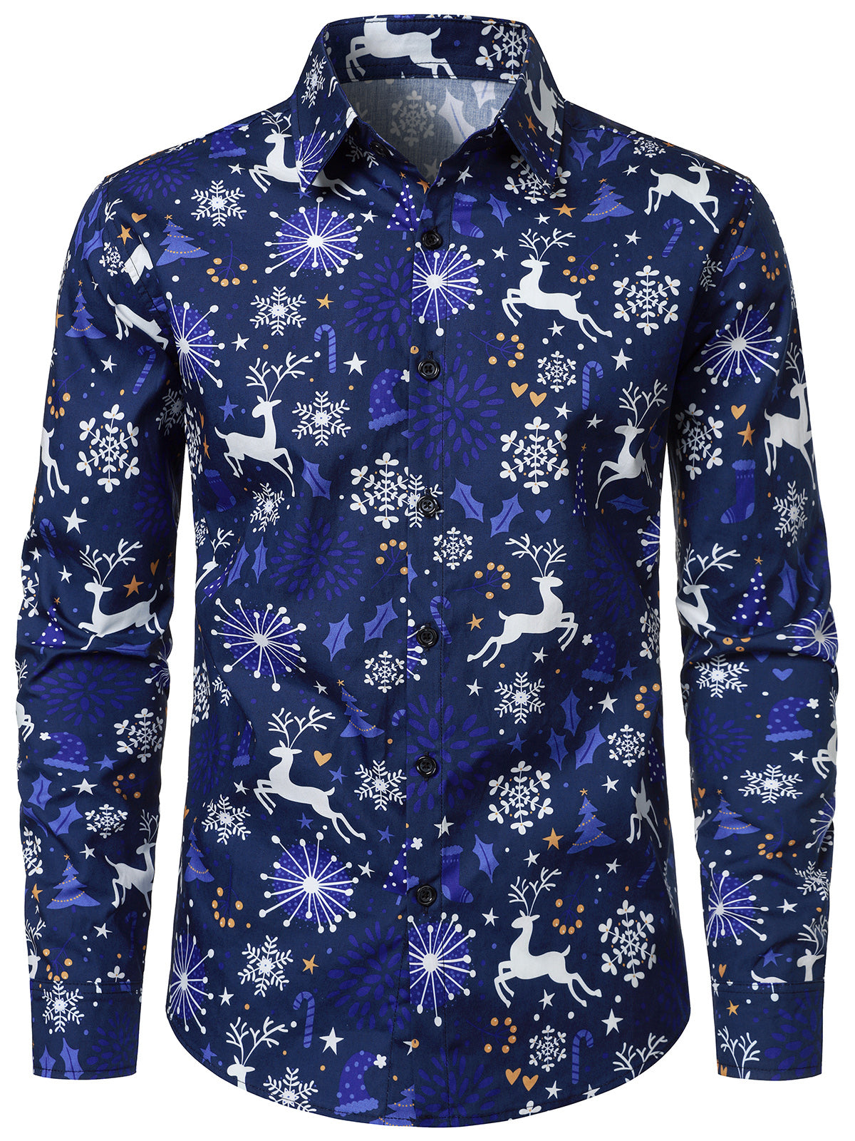 Chemise homme en coton bleu marine à motif rennes et flocons