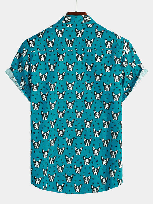 Chemise à manches courtes bleue décontractée en coton à imprimé animal de compagnie pour hommes