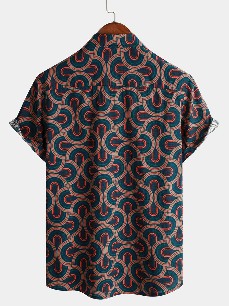 Chemise à manches courtes d'été boutonnée en à imprimé géométrique pour hommes