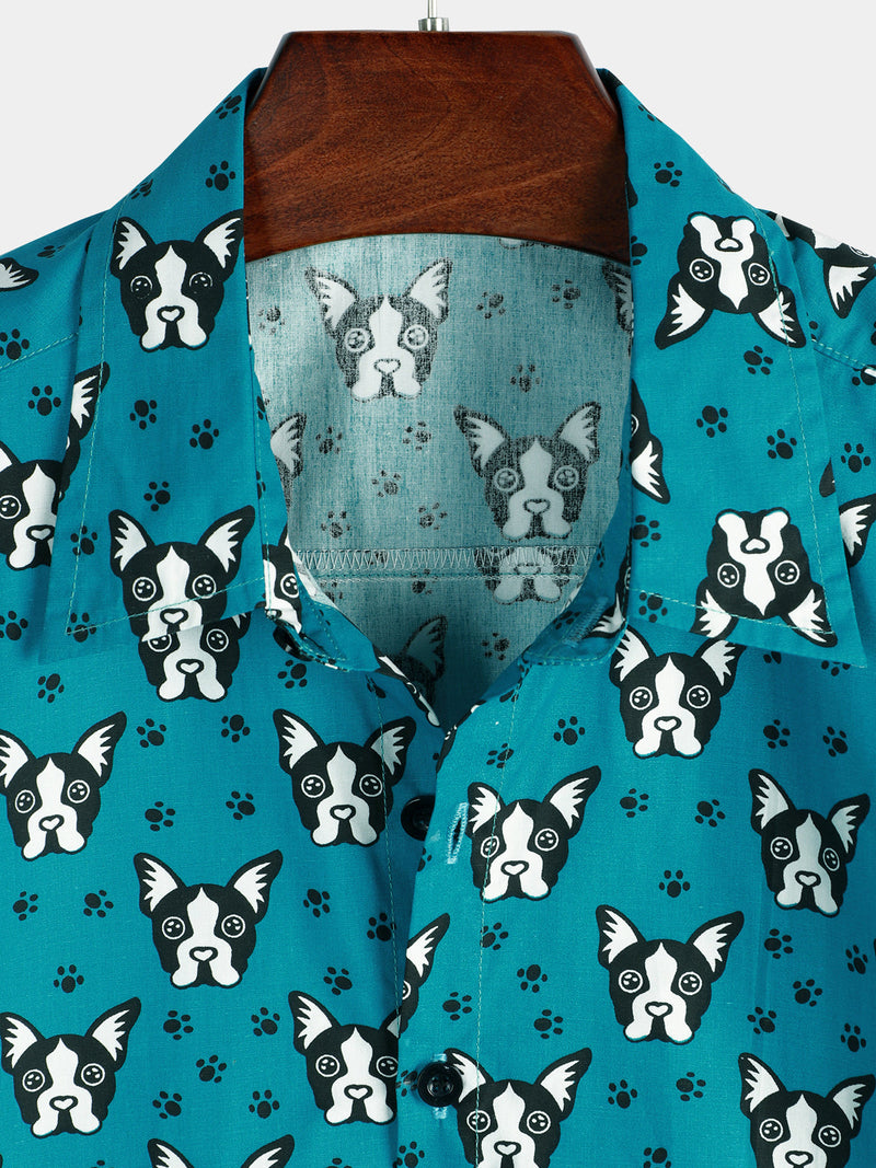 Chemise à manches courtes bleue décontractée en coton à imprimé animal de compagnie pour hommes