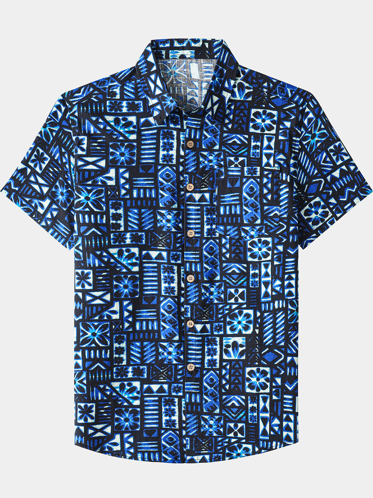 Chemise Homme Motif Géométrique Bleu Noir Plage