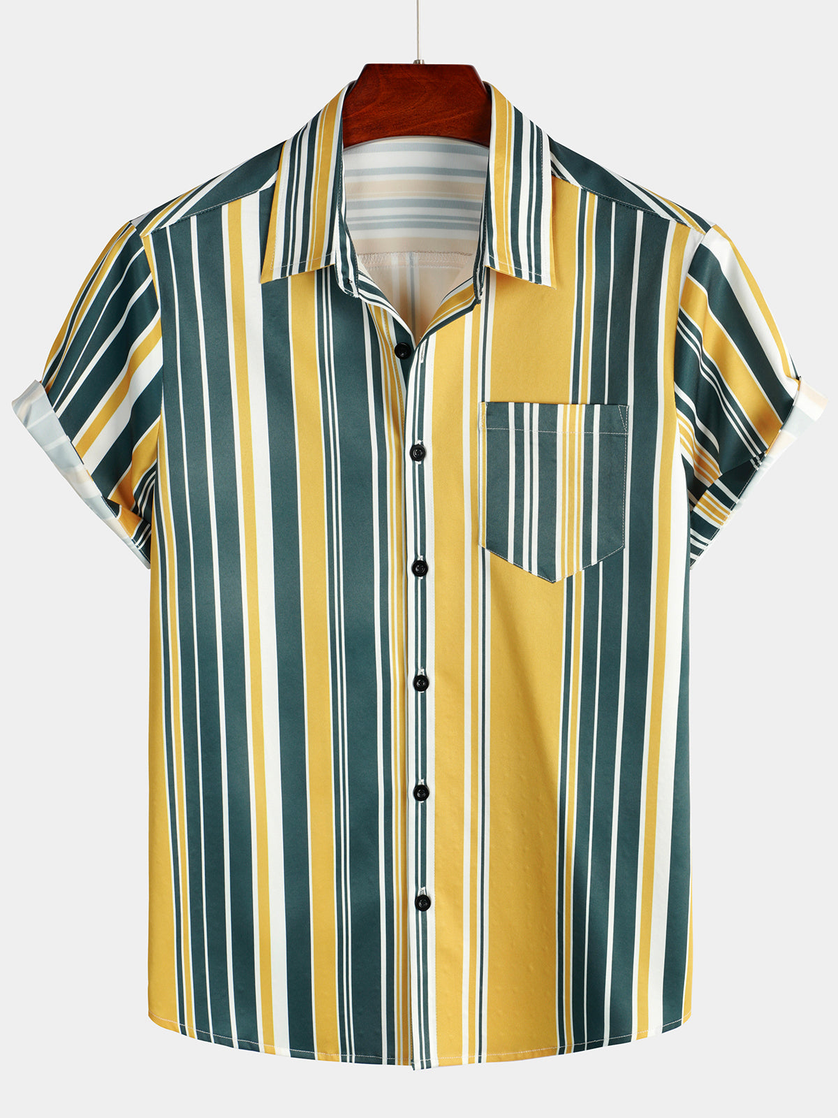 Chemise décontractée à manches courtes pour hommes, boutonnée, rétro, jaune et vert, avec poche à rayures verticales