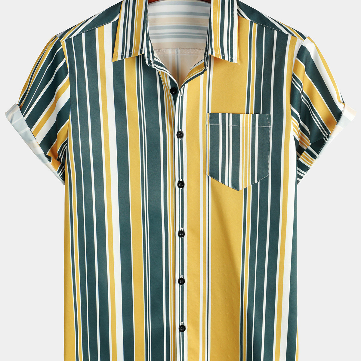 Chemise décontractée à manches courtes pour hommes, boutonnée, rétro, jaune et vert, avec poche à rayures verticales