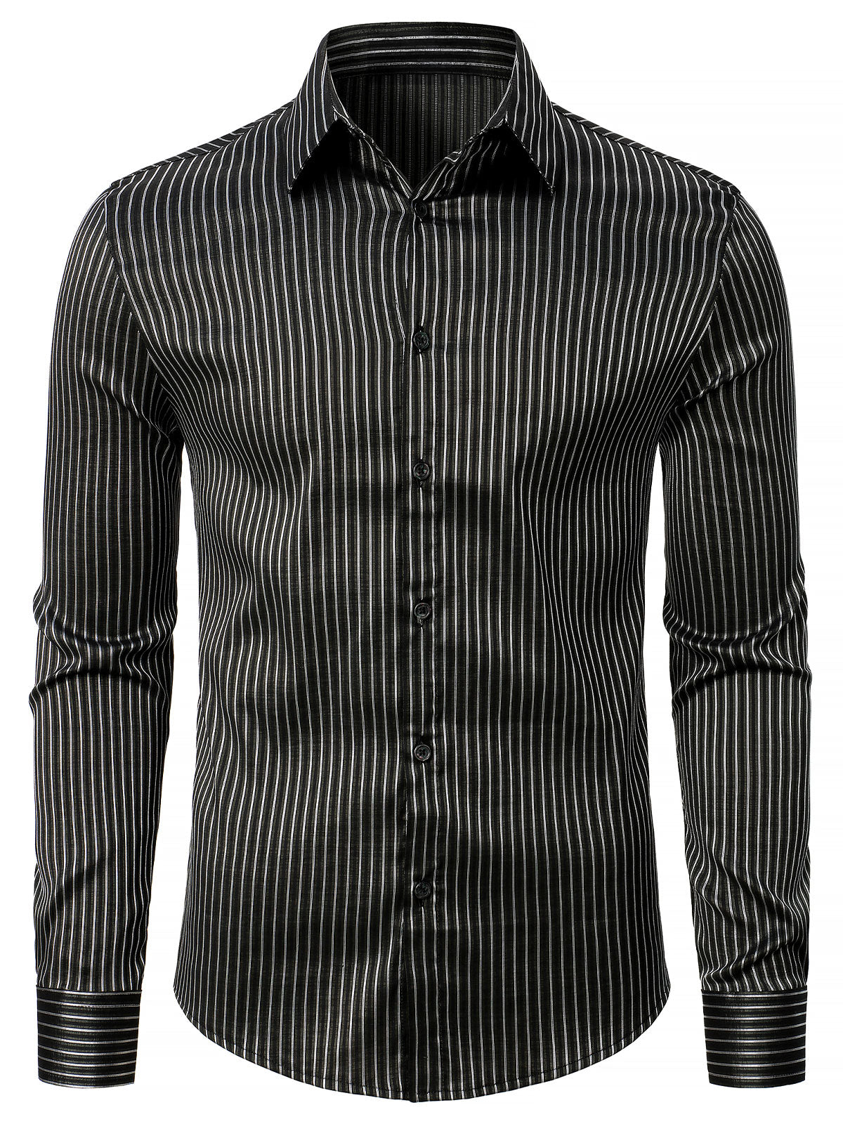 Chemise à manches longues en satin texturé rayé pour homme, coupe slim, sans plis, avec boutons