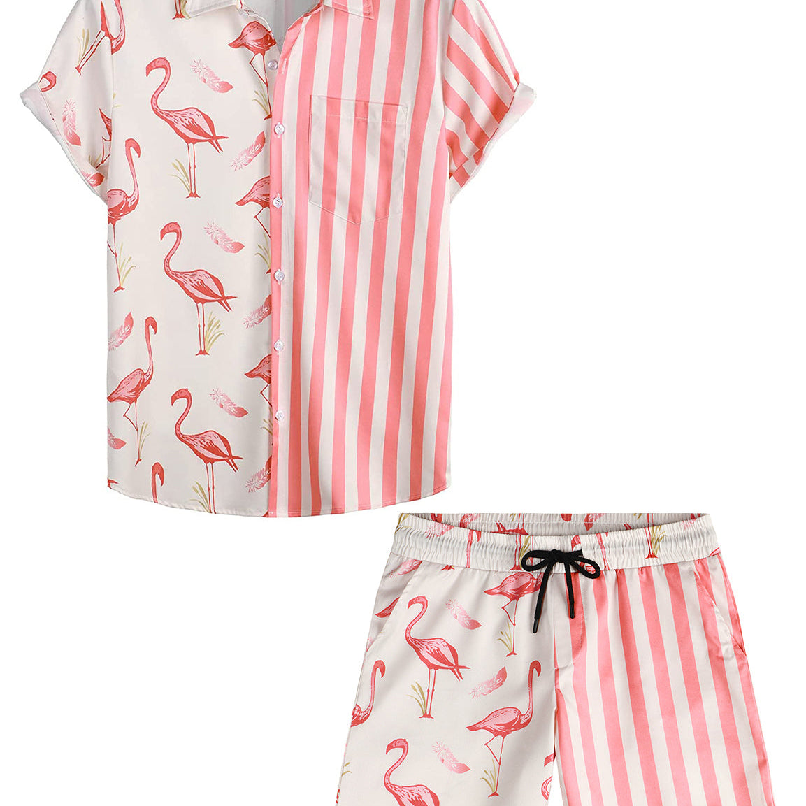 Costume de vacances imprimé flamant rose pour hommes, manches courtes, poche, ensemble chemise et Short assortis