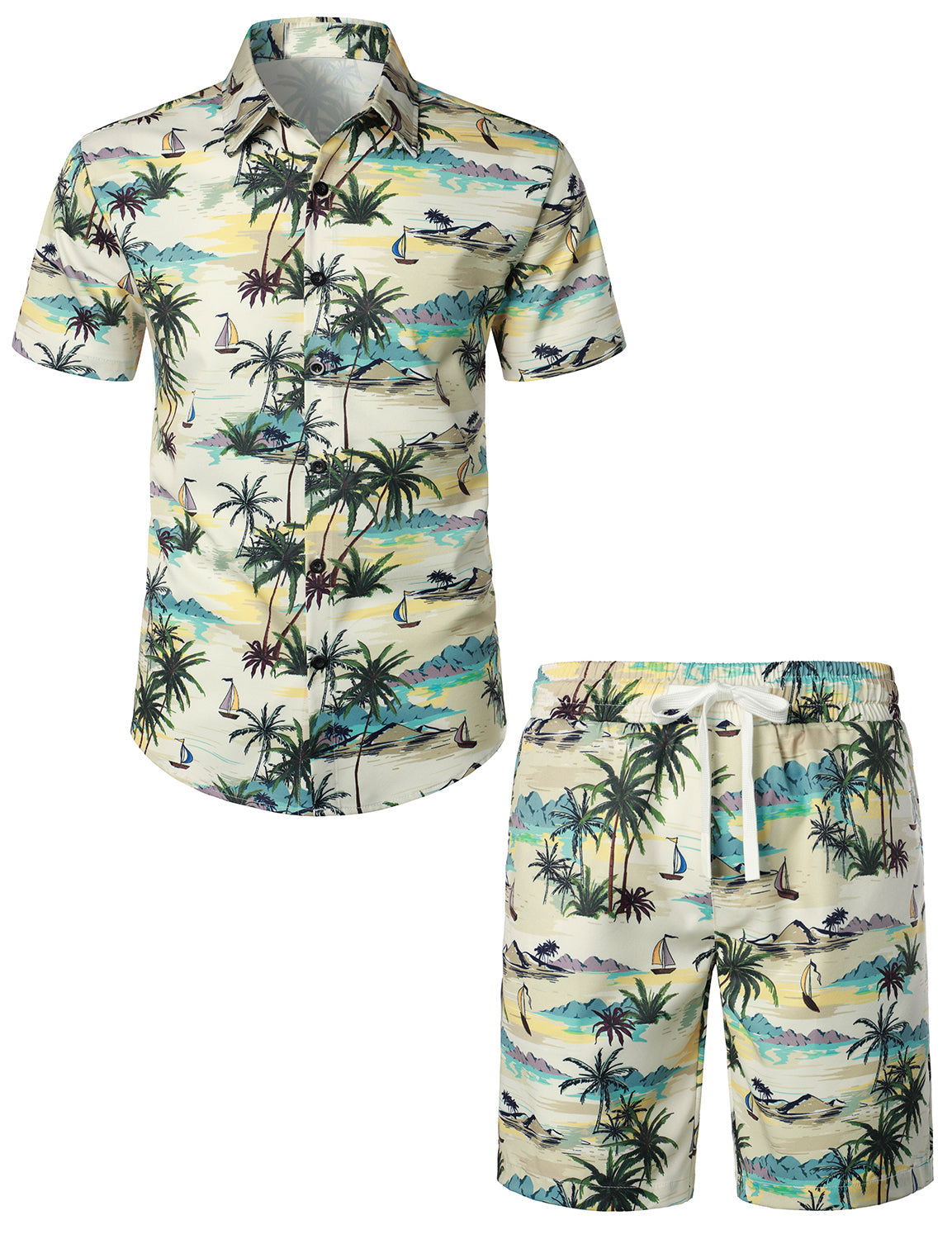 Ensemble chemise et short assortis pour hommes, palmier Beige Island, décontracté, hawaïen, été