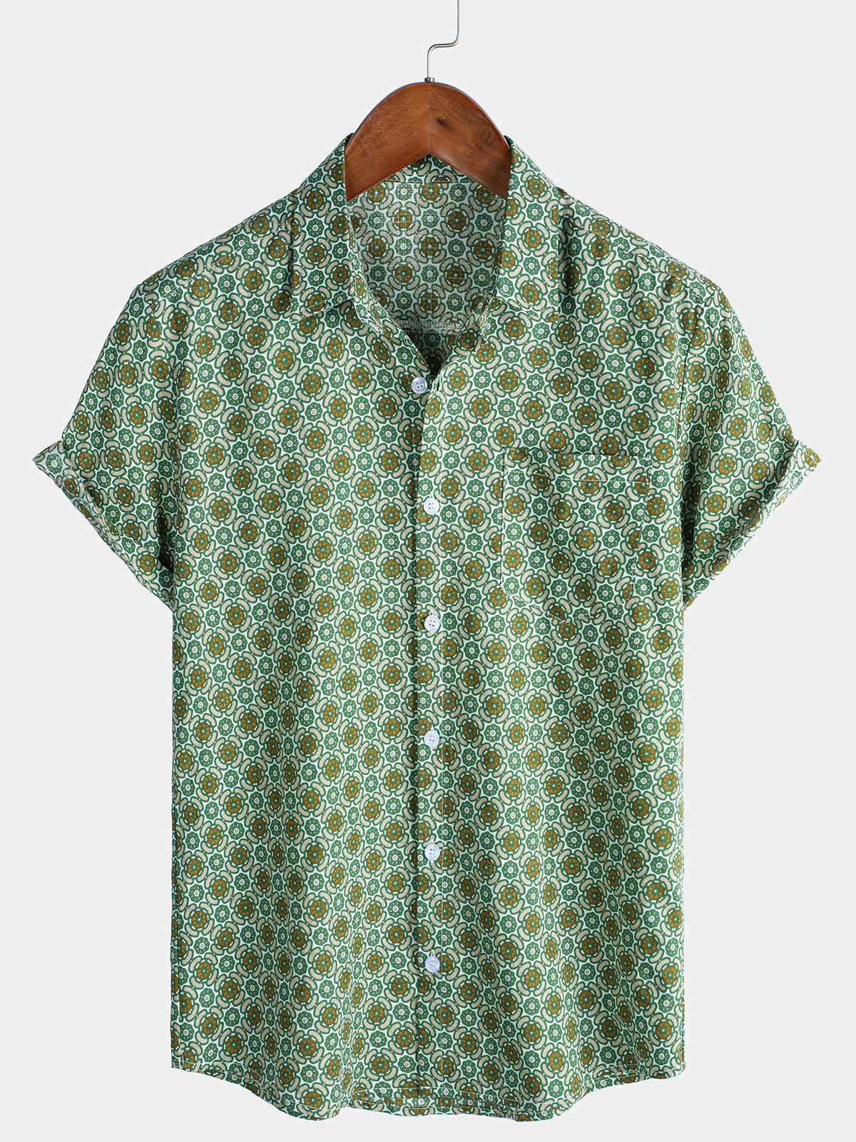 Chemise décontractée à manches courtes en coton léger à imprimé floral vert pour homme