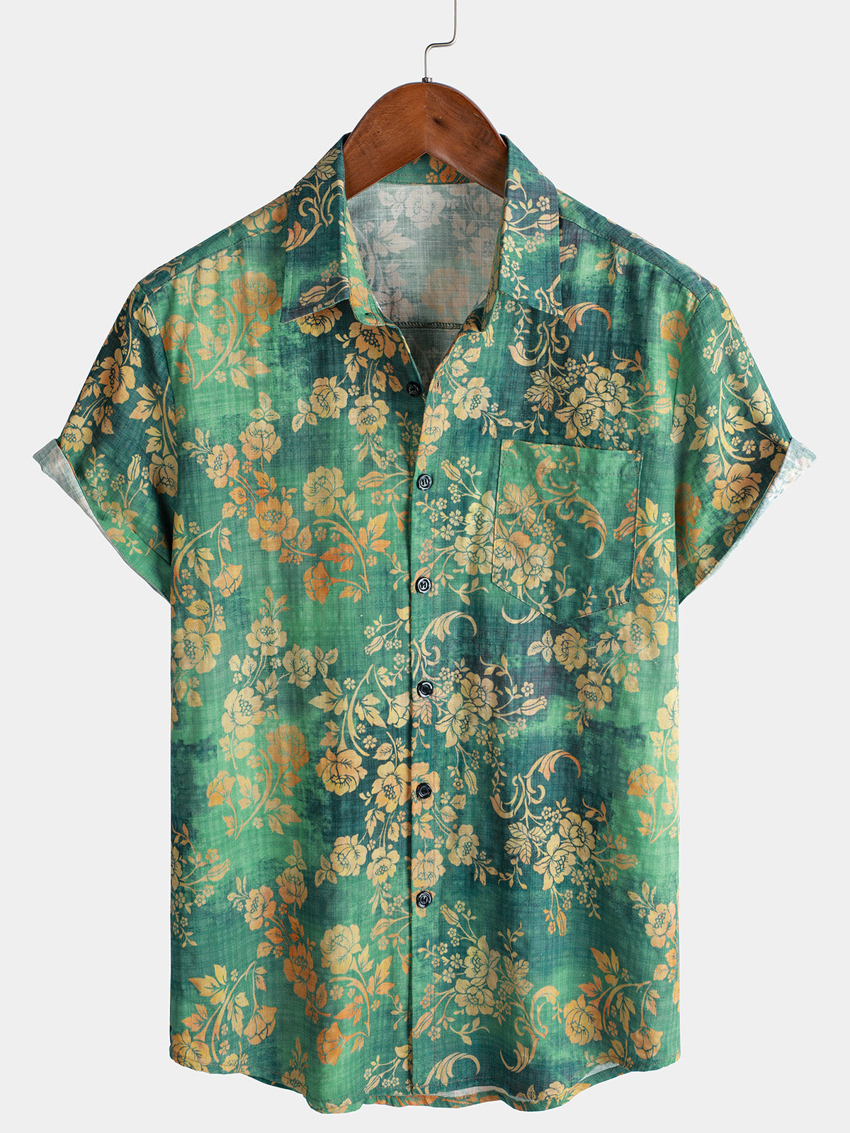 Chemise à manches courtes et poche à imprimé floral vert pour homme