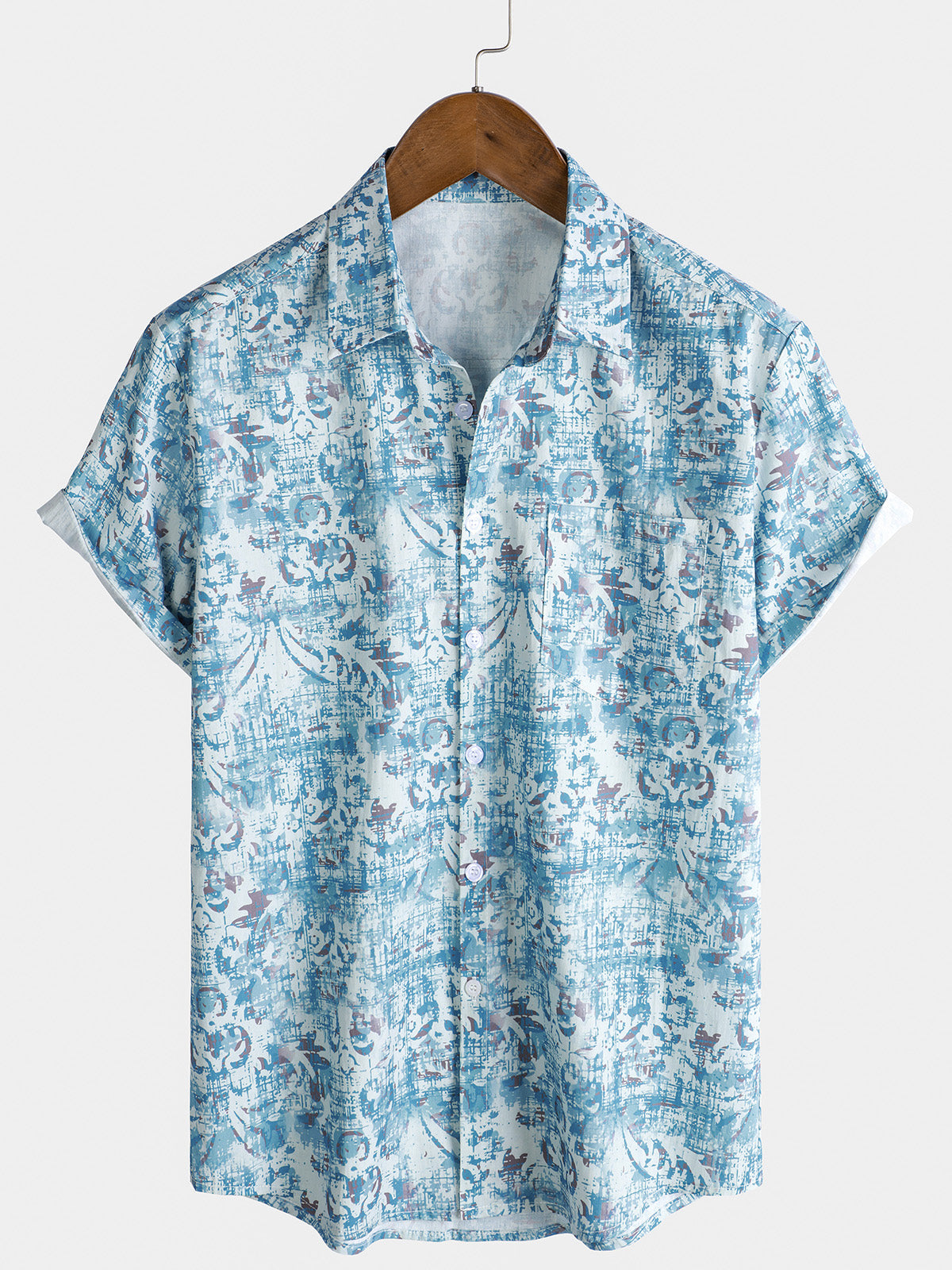 Chemise d'été à manches courtes et poches respirantes pour homme, imprimé floral bleu