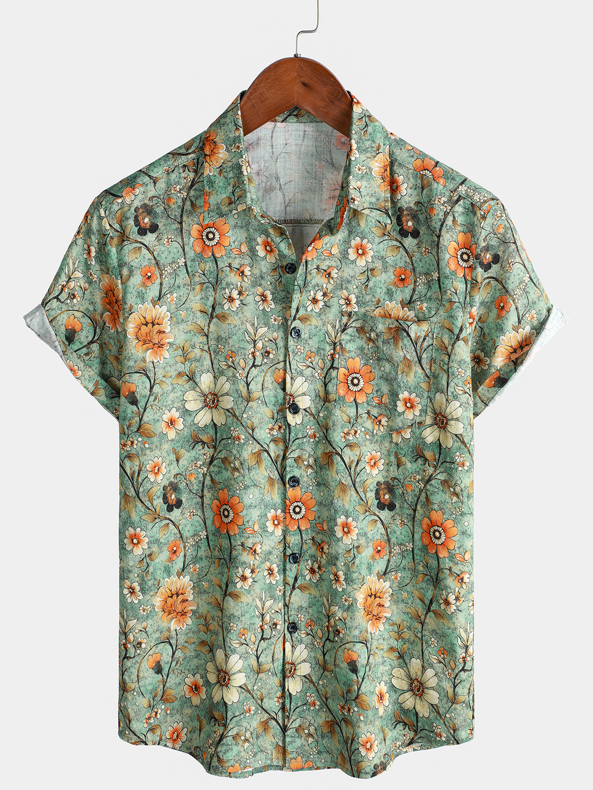 Chemise hawaïenne d'été à manches courtes et imprimé floral vert pour homme