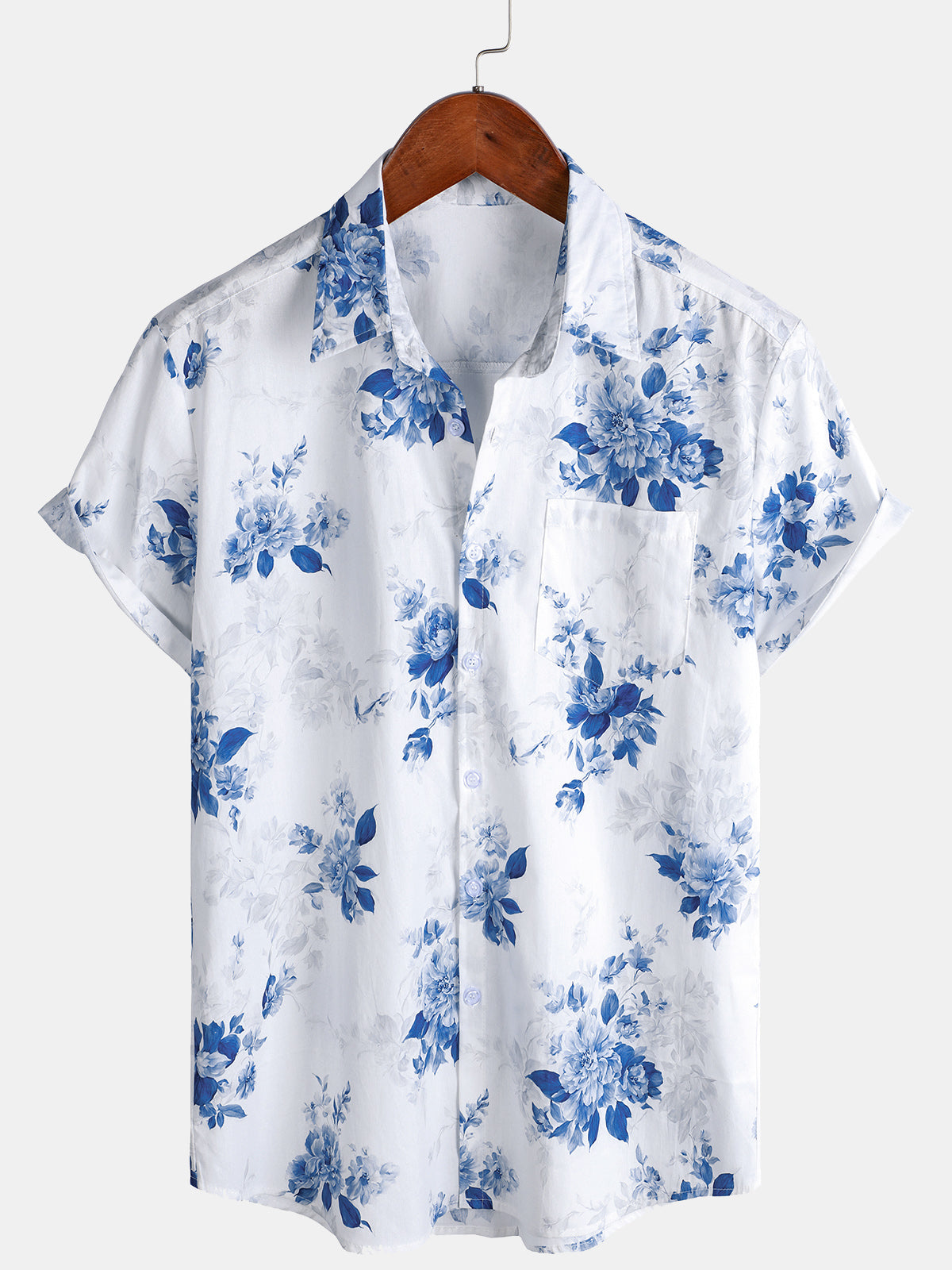 Chemise hawaïenne à manches courtes et imprimé floral bleu pour homme