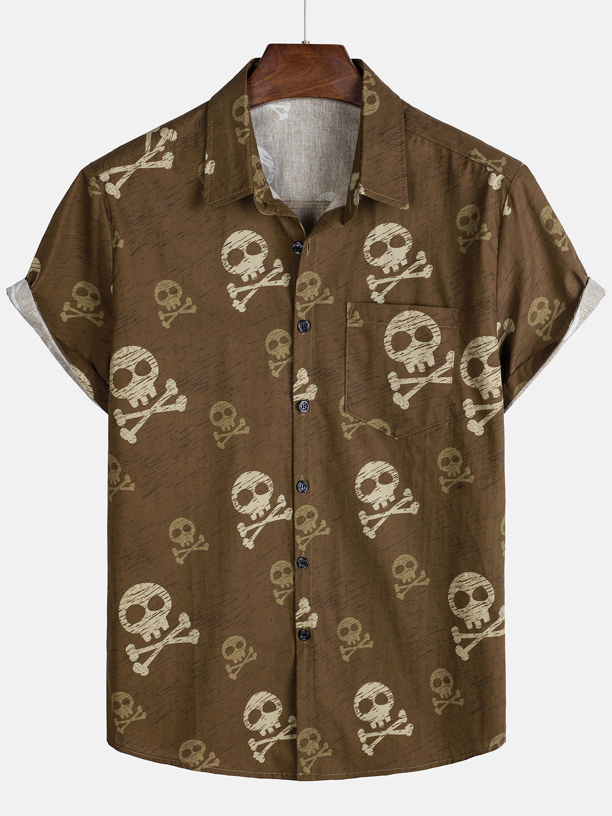 Chemise hawaïenne à manches courtes pour homme, motif tête de mort marron