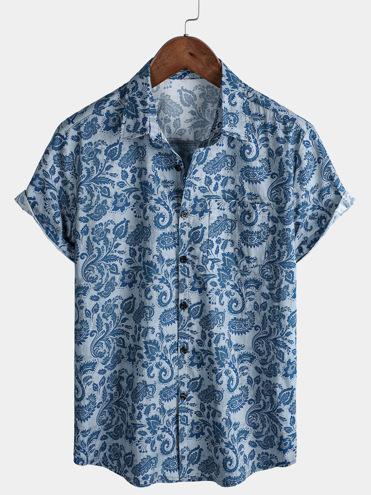 Chemise décontractée à manches courtes pour homme, motif cachemire et fleurs, bleu
