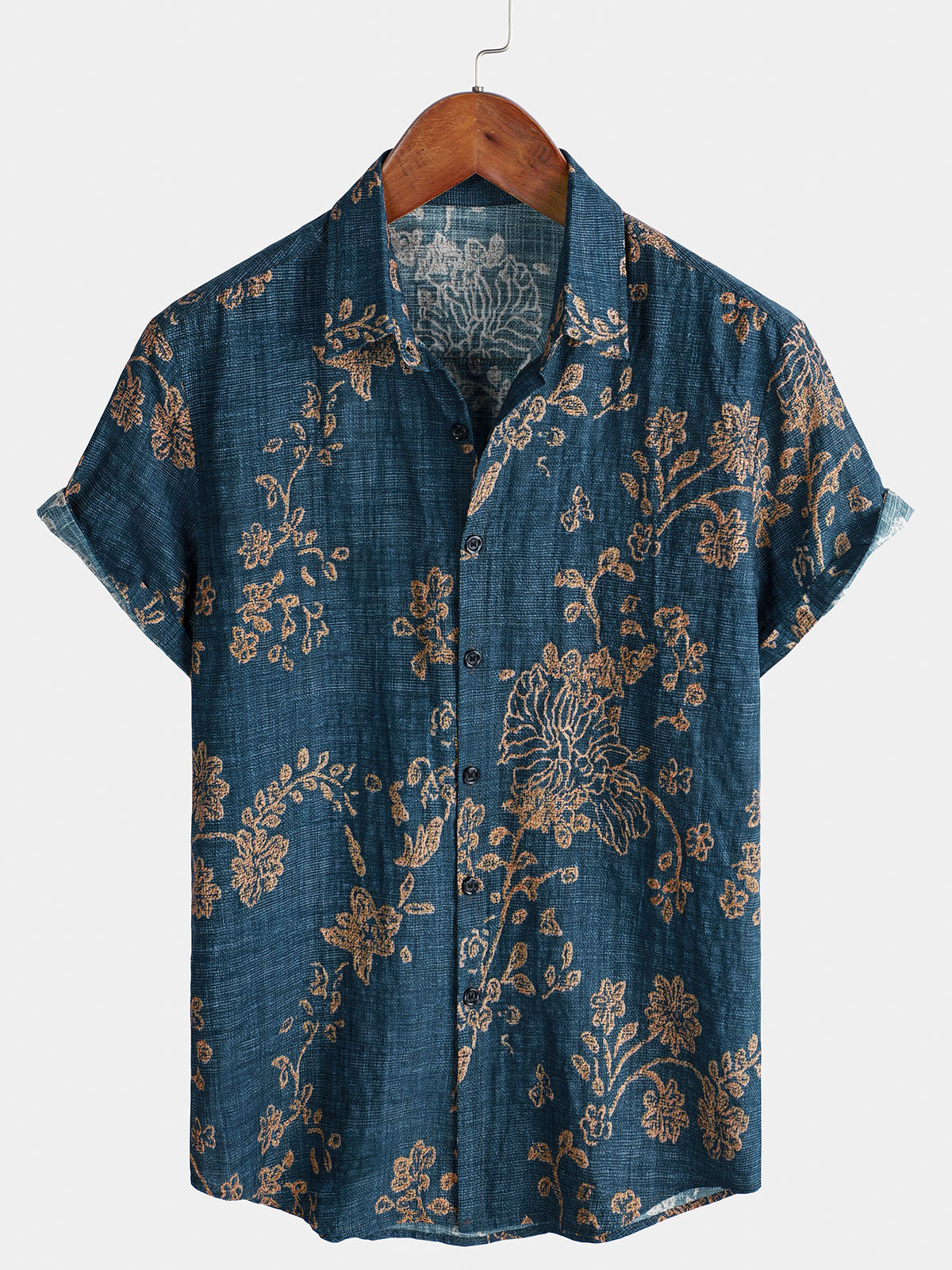 Chemise boutonnée respirante à manches courtes et motif floral bleu pour homme