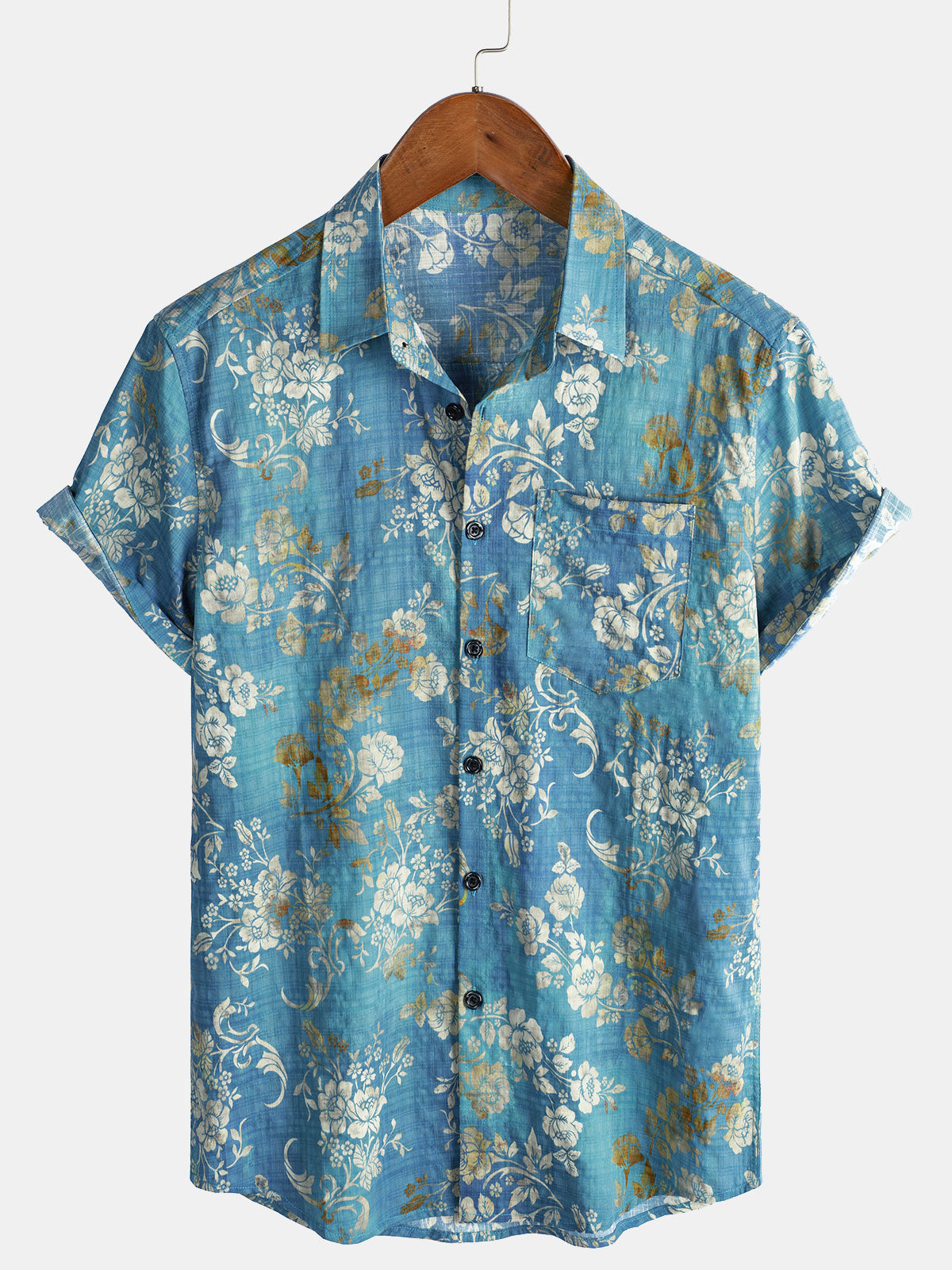 Chemise à manches courtes et poche à imprimé floral bleu pour homme
