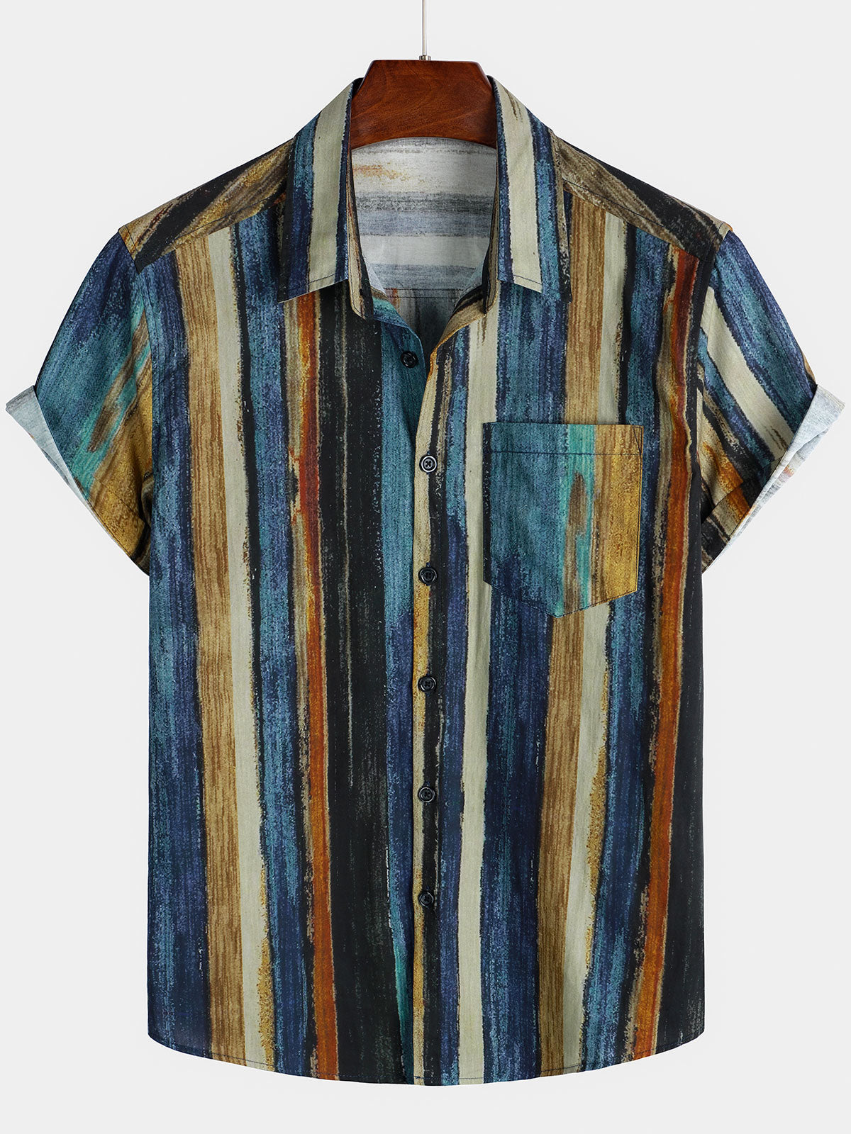 Chemise à manches courtes à rayures pour homme avec poche et motif artistique des fêtes