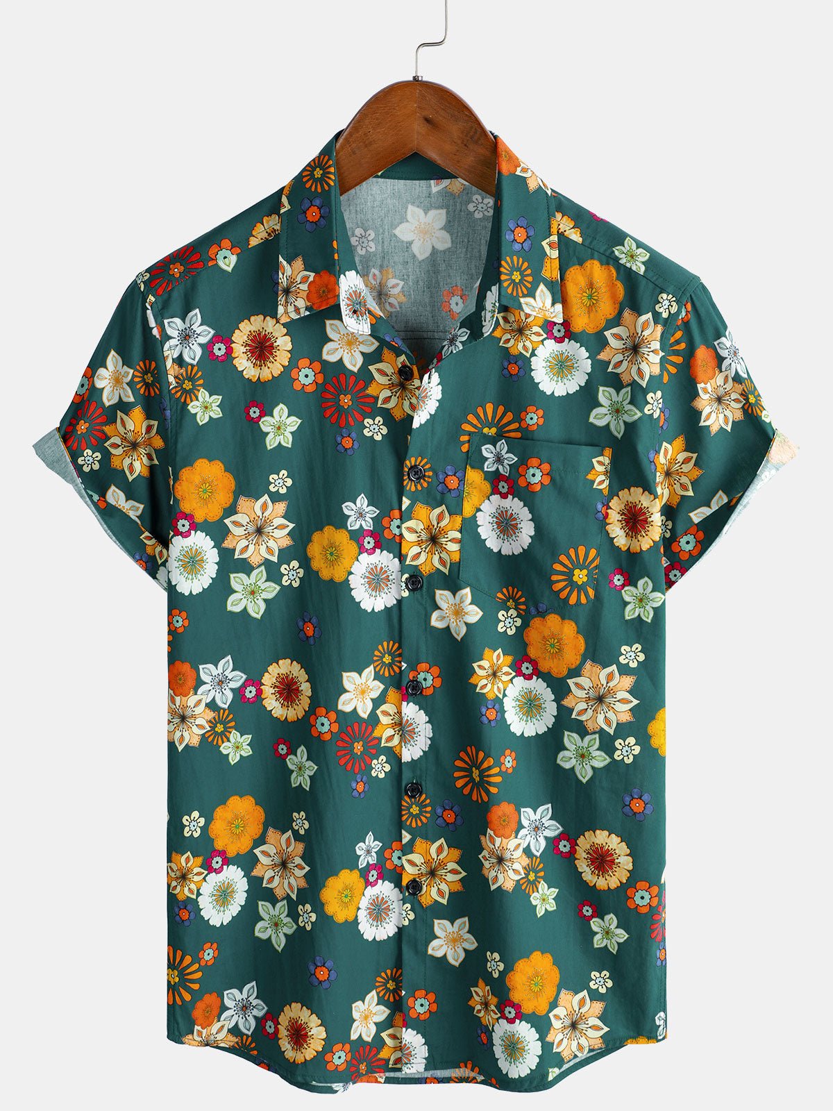 Chemise hawaïenne à manches courtes et imprimé floral pour homme, verte