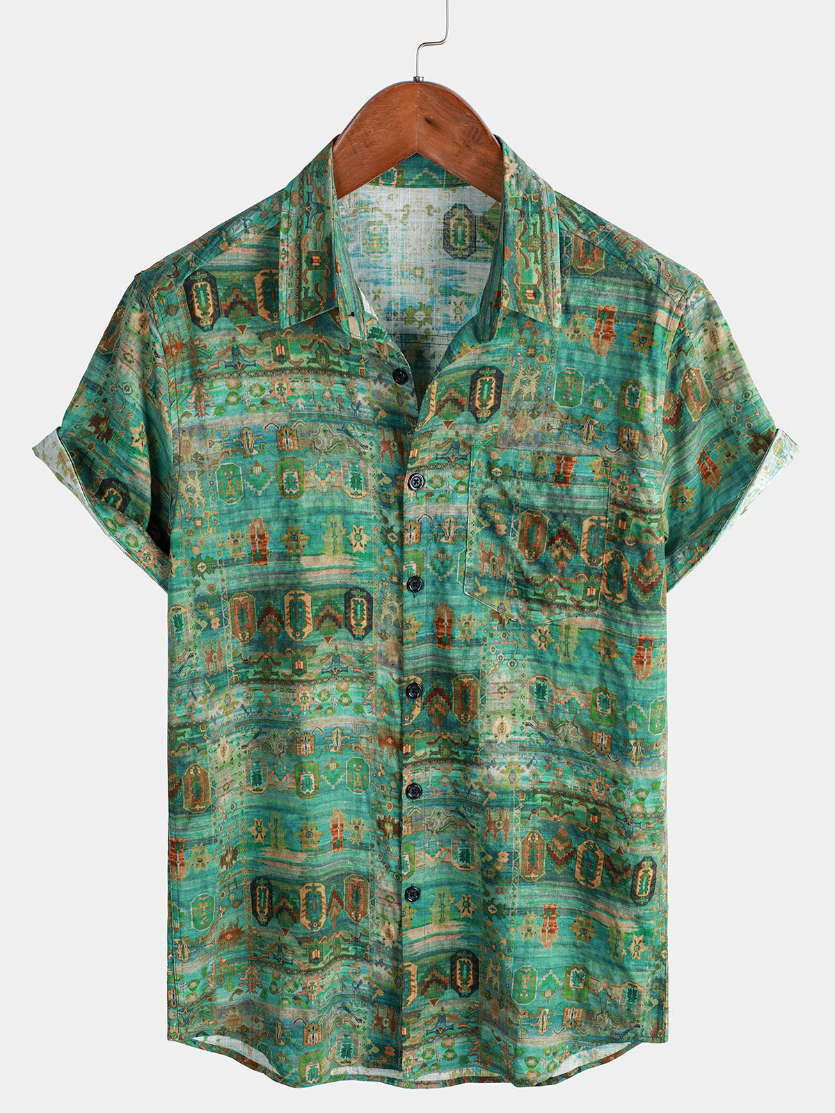 Chemise boutonnée respirante à manches courtes pour homme, style vintage vert