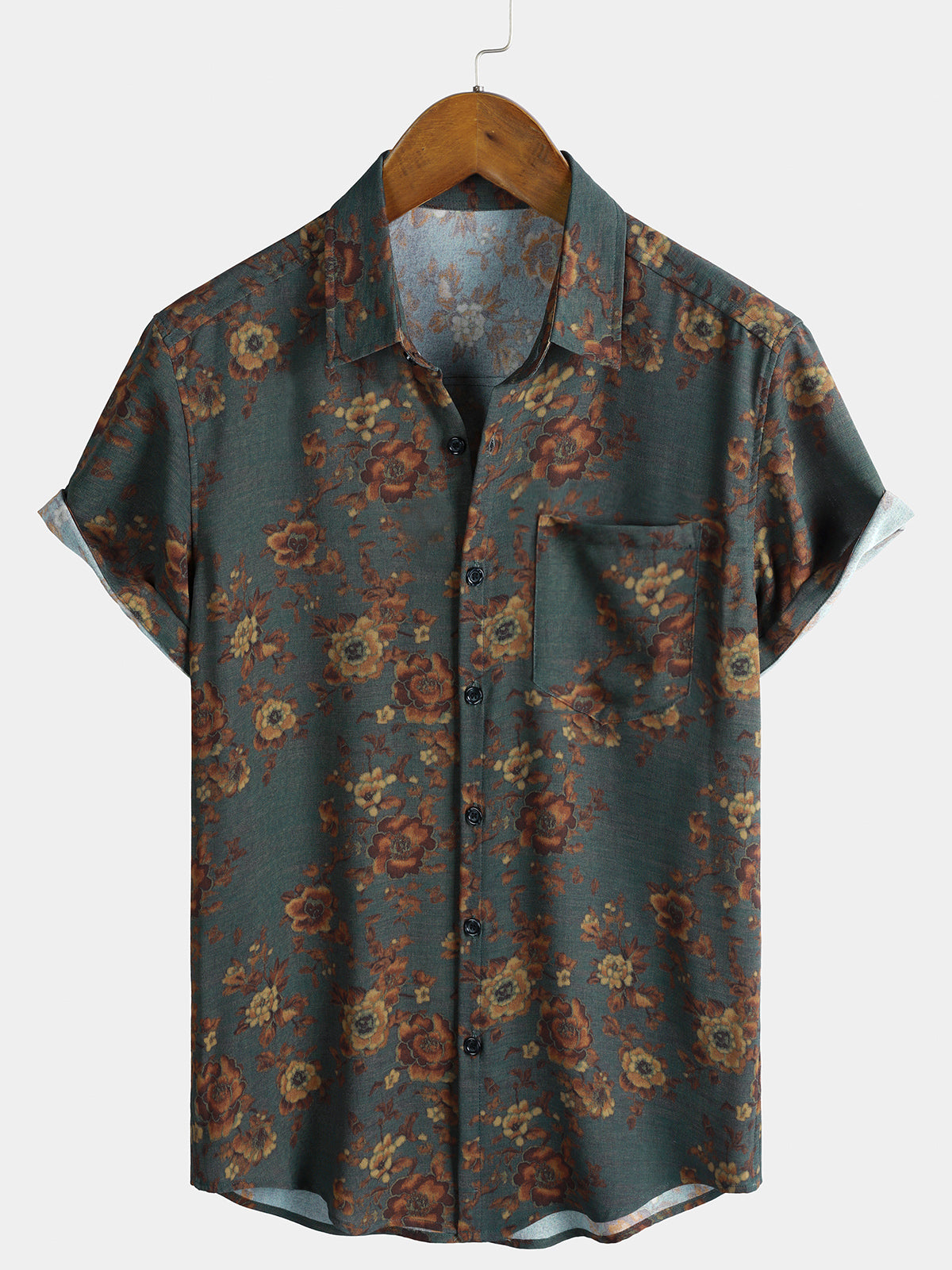 Chemise Vintage à Imprimé Floral Manches Courtes avec Poche