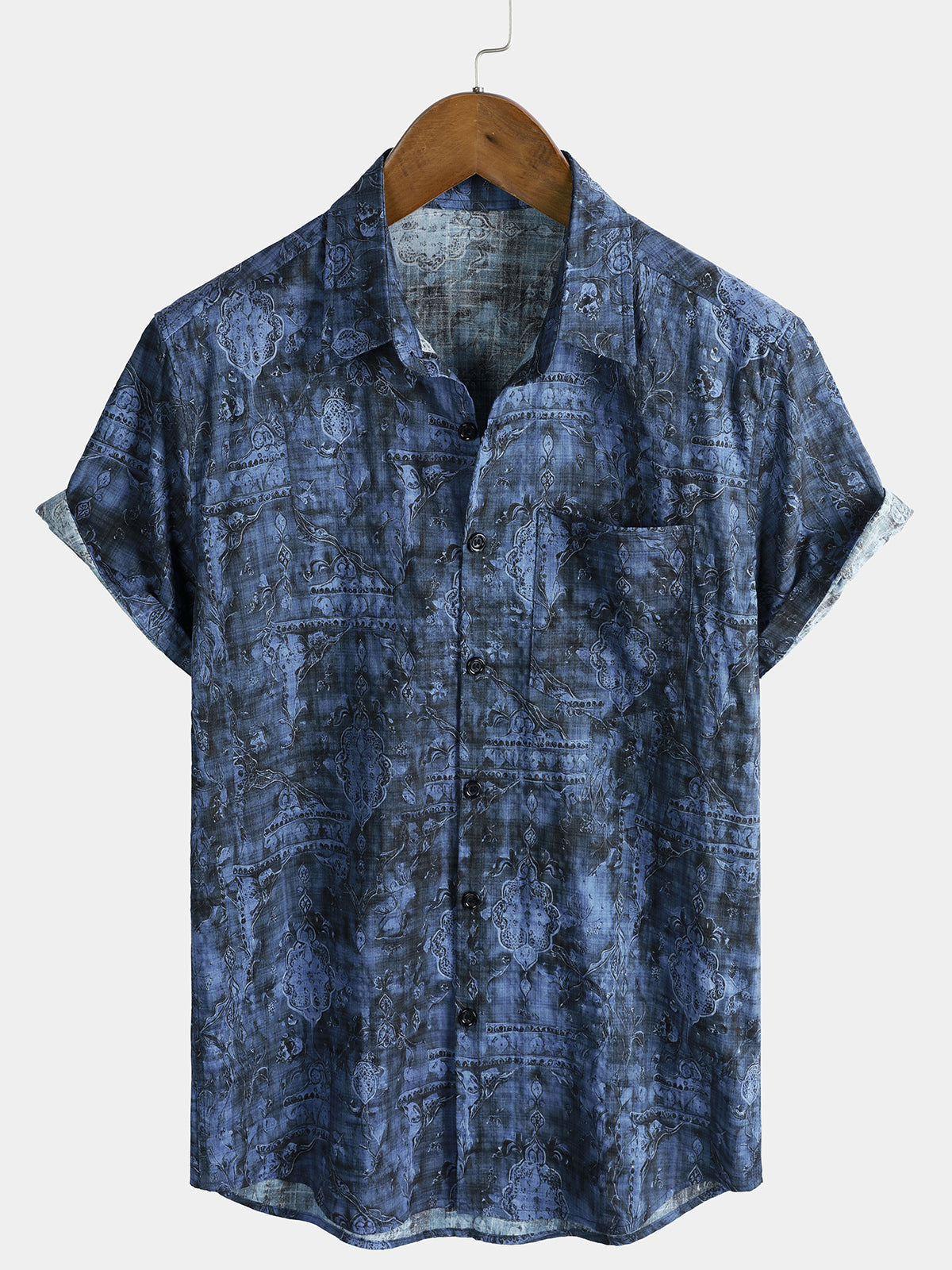 Chemise Homme Vintage Style Western Bleu en Coton avec Poche à Manches Courtes