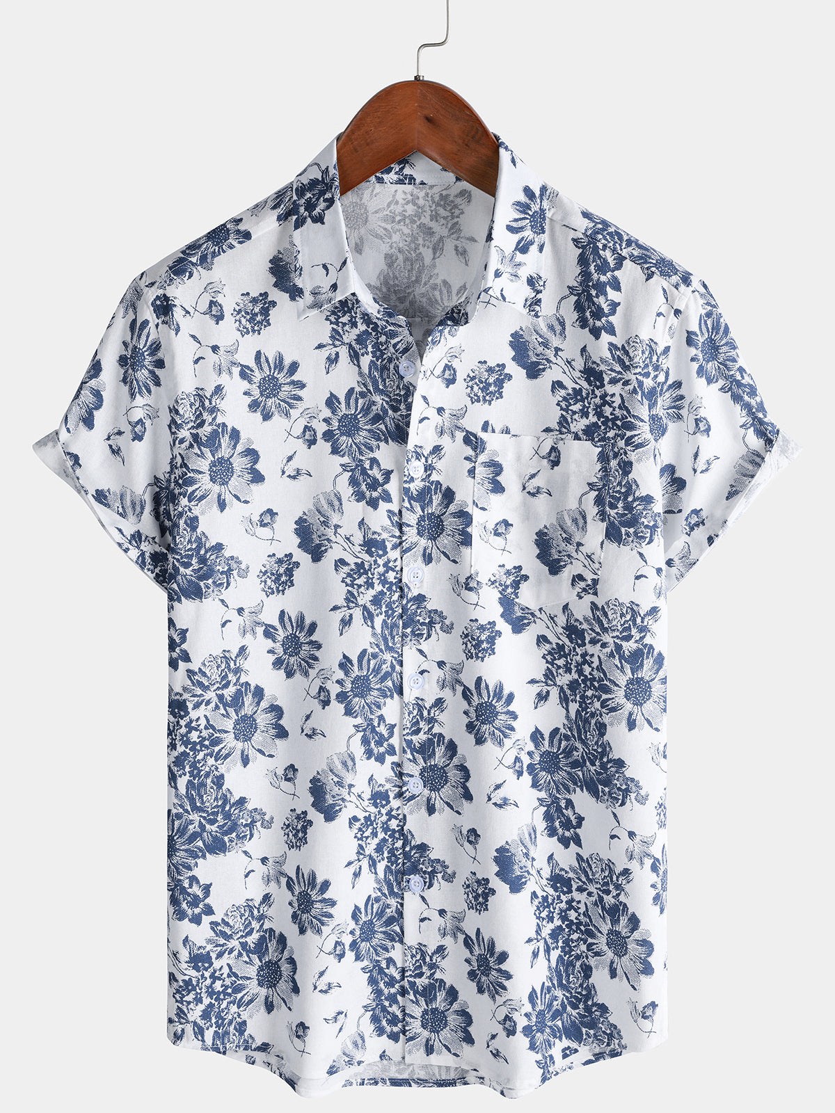 Chemise Homme d’Été Imprimé Floral en Coton et Lin à Manches Courtes