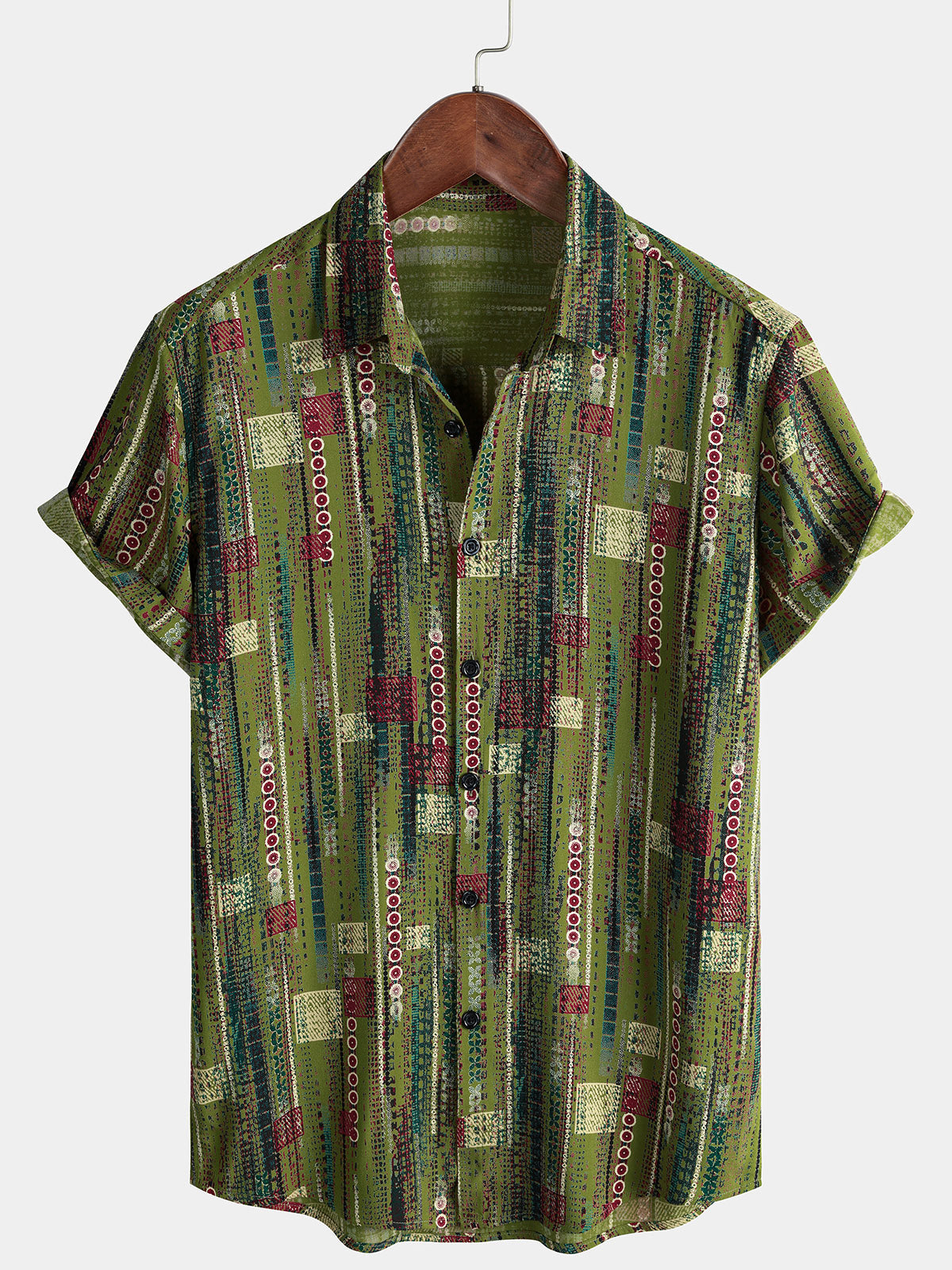 Chemise Homme Rétro Imprimé Géométrique Vert Style Vacances Douce à Manches Courtes Boutonnée