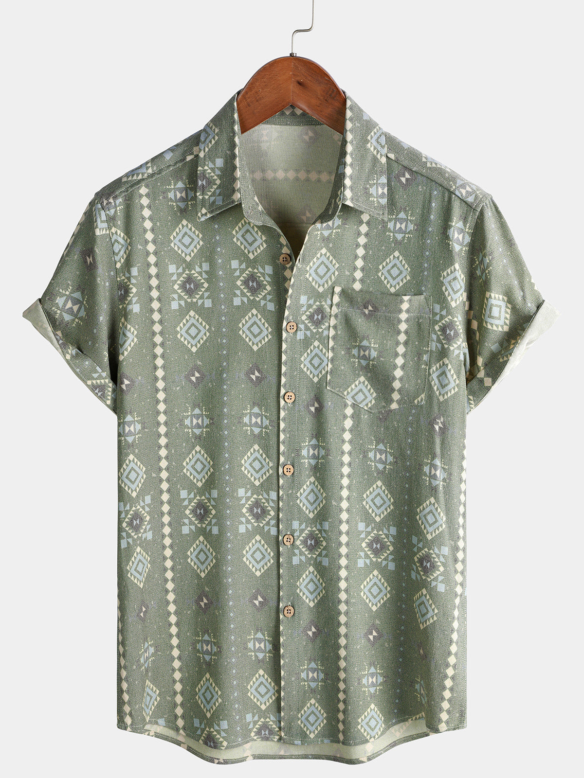 Chemise Homme Verte Aztèque Rétro Manches Courtes