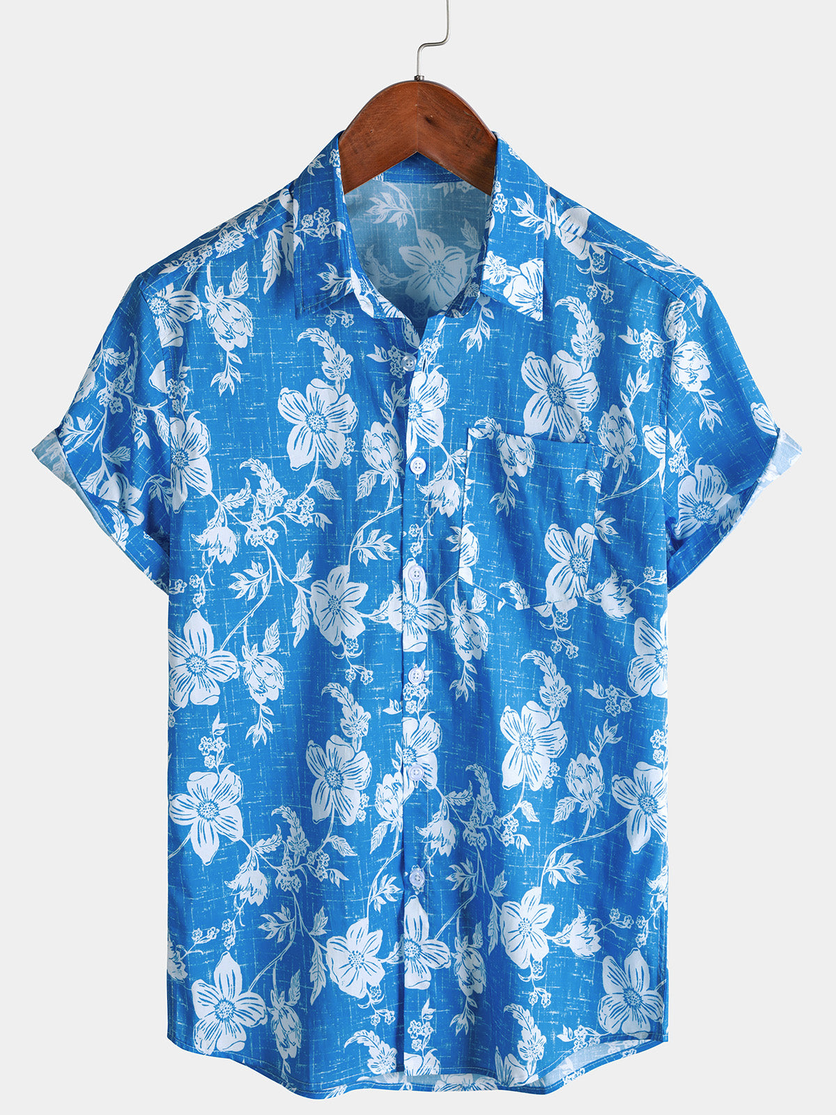 Chemise Homme Bleue à Imprimé Floral Hawaïen Vintage Tropical Manches Courtes