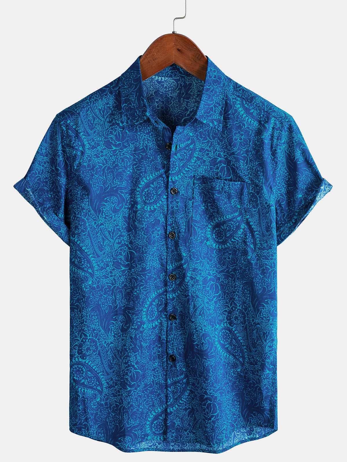Chemise Homme Bleue à Motif Floral Paisley Vintage Boutonnée Manches Courtes
