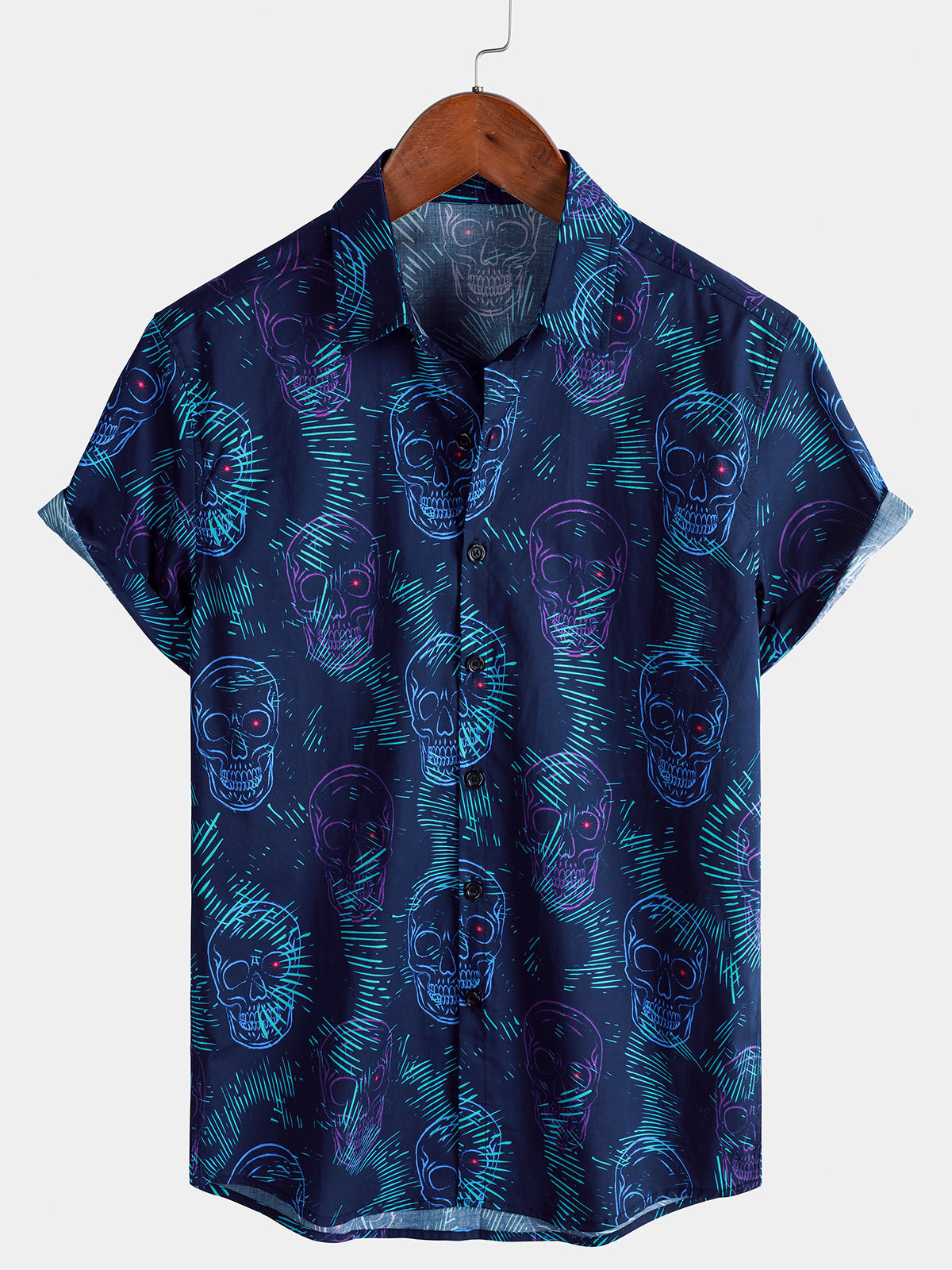 Chemise Homme Bleue Skull Punk Rock Hawaïenne Manches Courtes