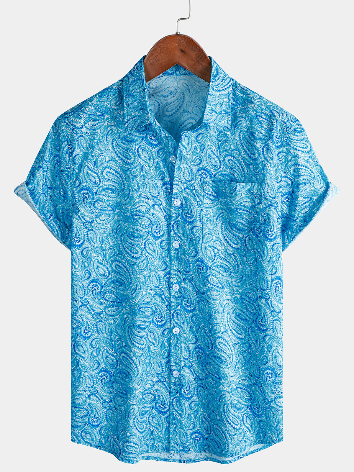Chemise Homme Bleu Clair Paisley Plage Manches Courtes