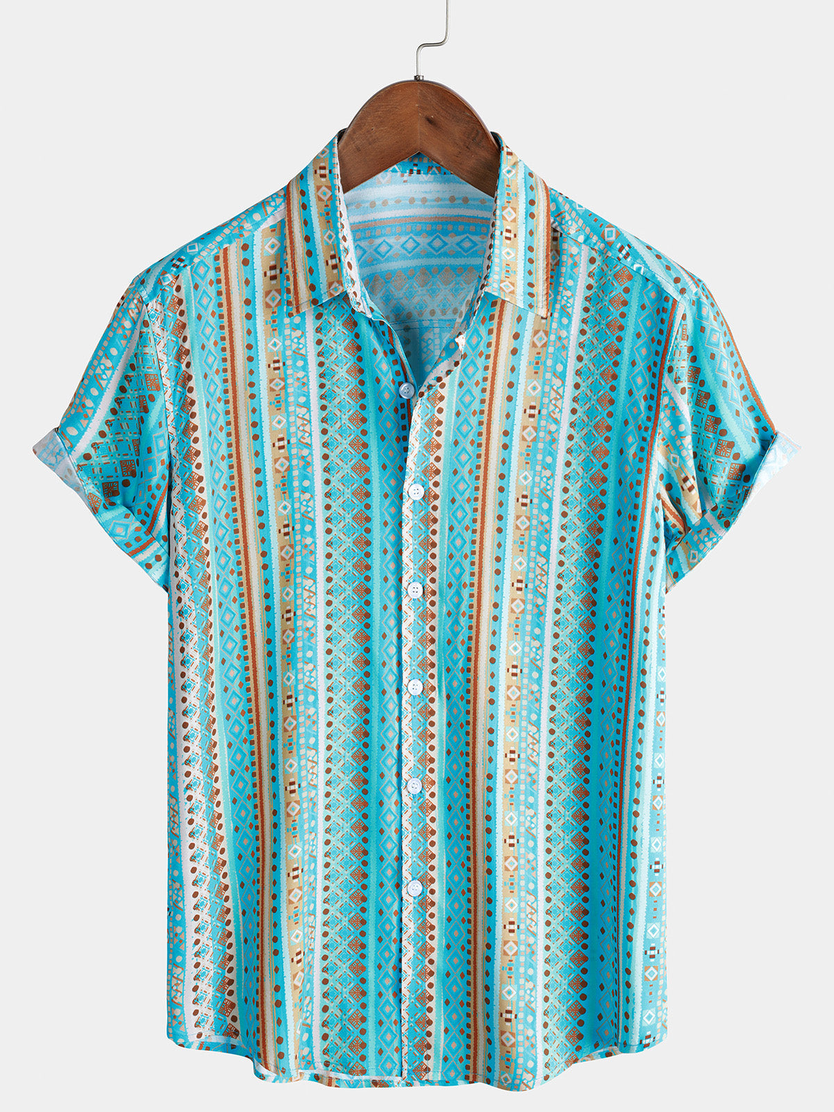 Chemise Homme Rayures Géométriques Vintage Manches Courtes