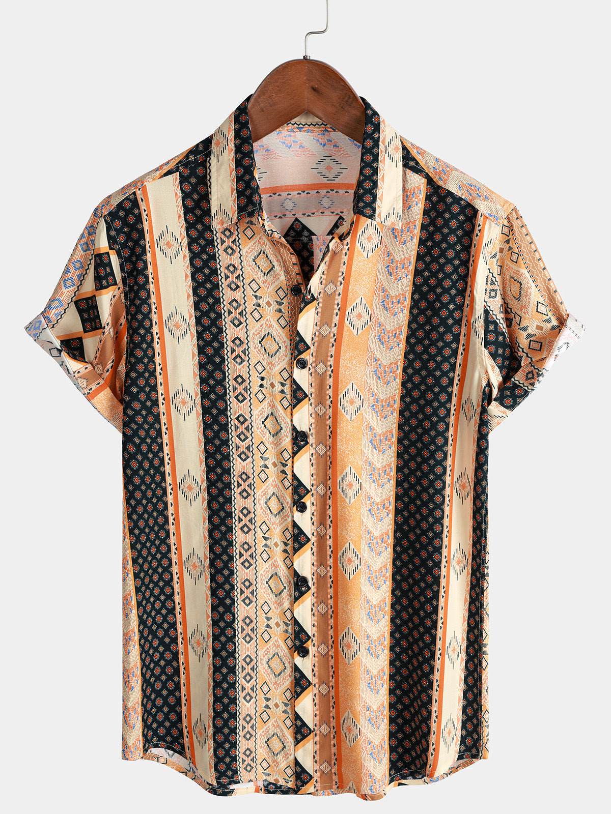 Chemise Homme Rayures Bohèmes Vintage Manches Courtes