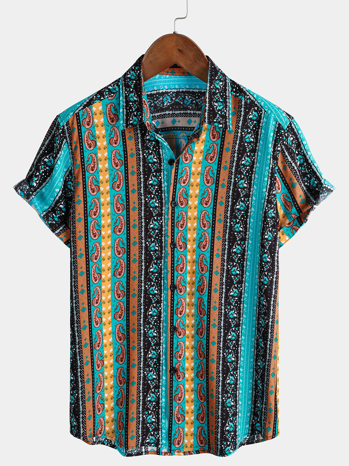 Chemise Homme Rayures Paisley Vintage Manches Courtes