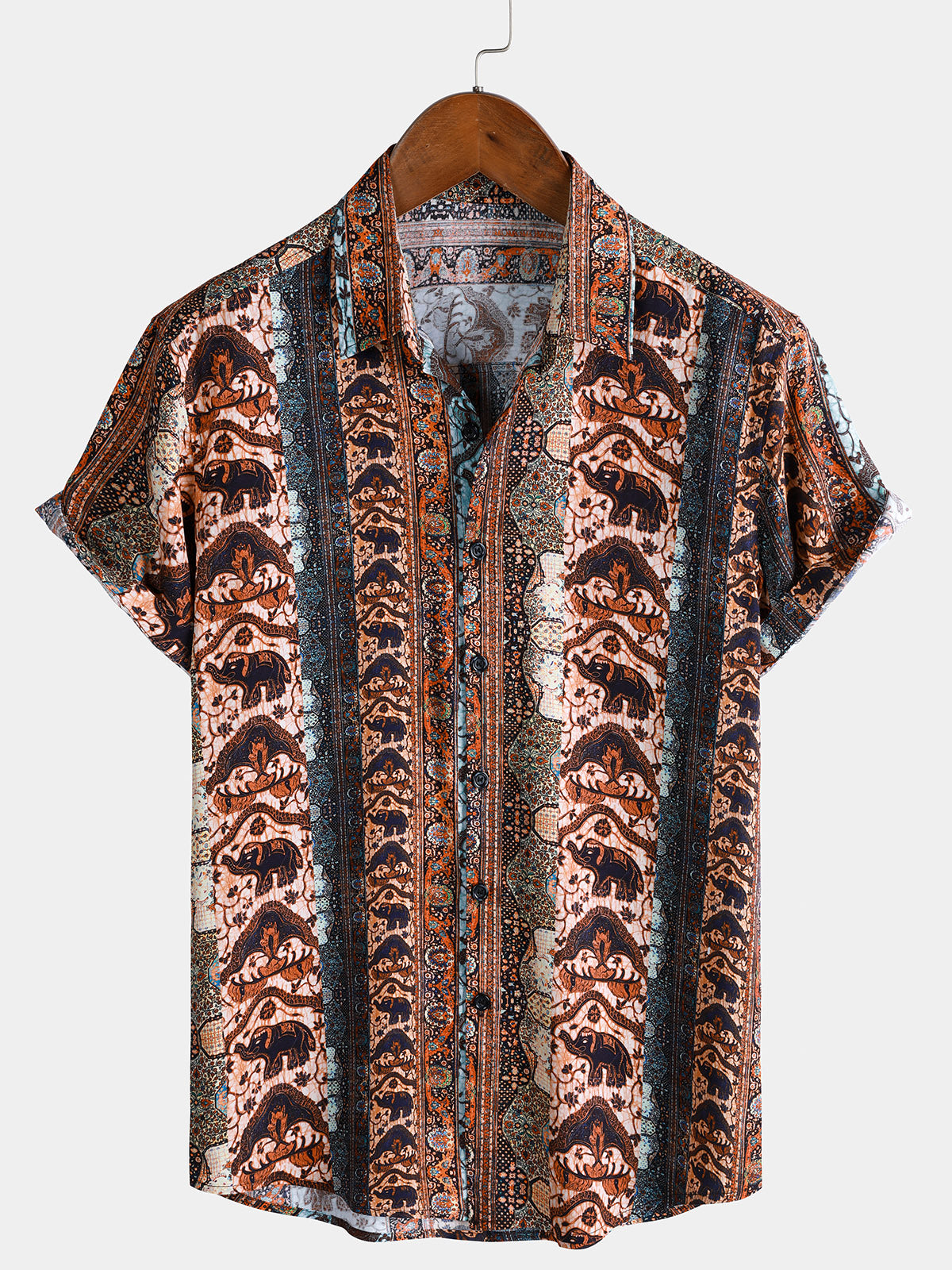 Chemise Homme Éléphant Bohème Vintage Plage Manches Courtes