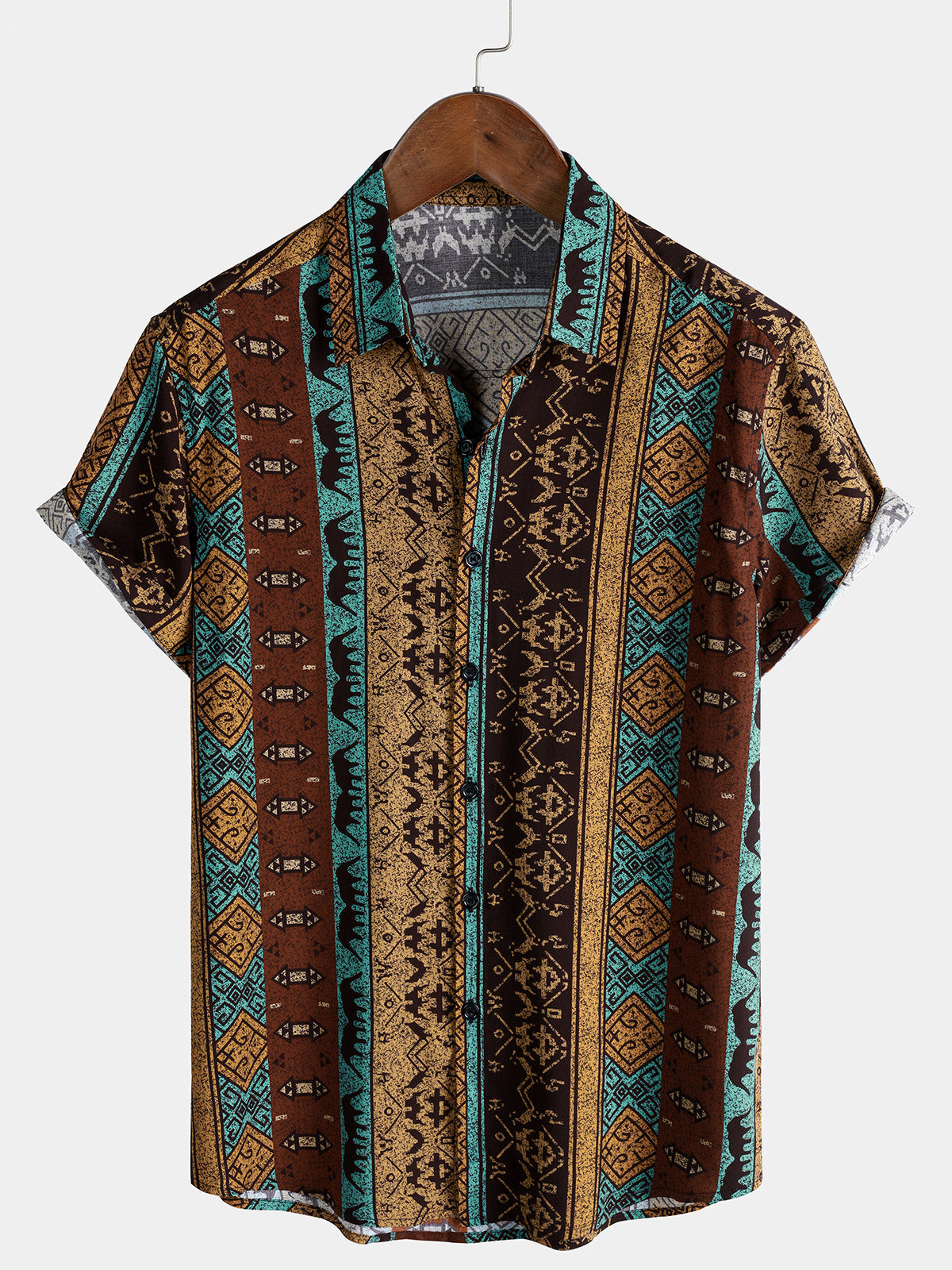 Chemise Homme Tribal Géométrique Vintage Manches Courtes