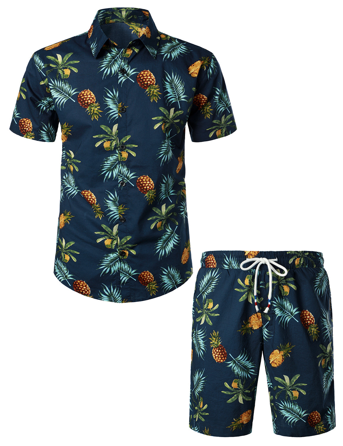 Ensemble chemise et short hawaïen en coton imprimé citron pour hommes, fruits tropicaux